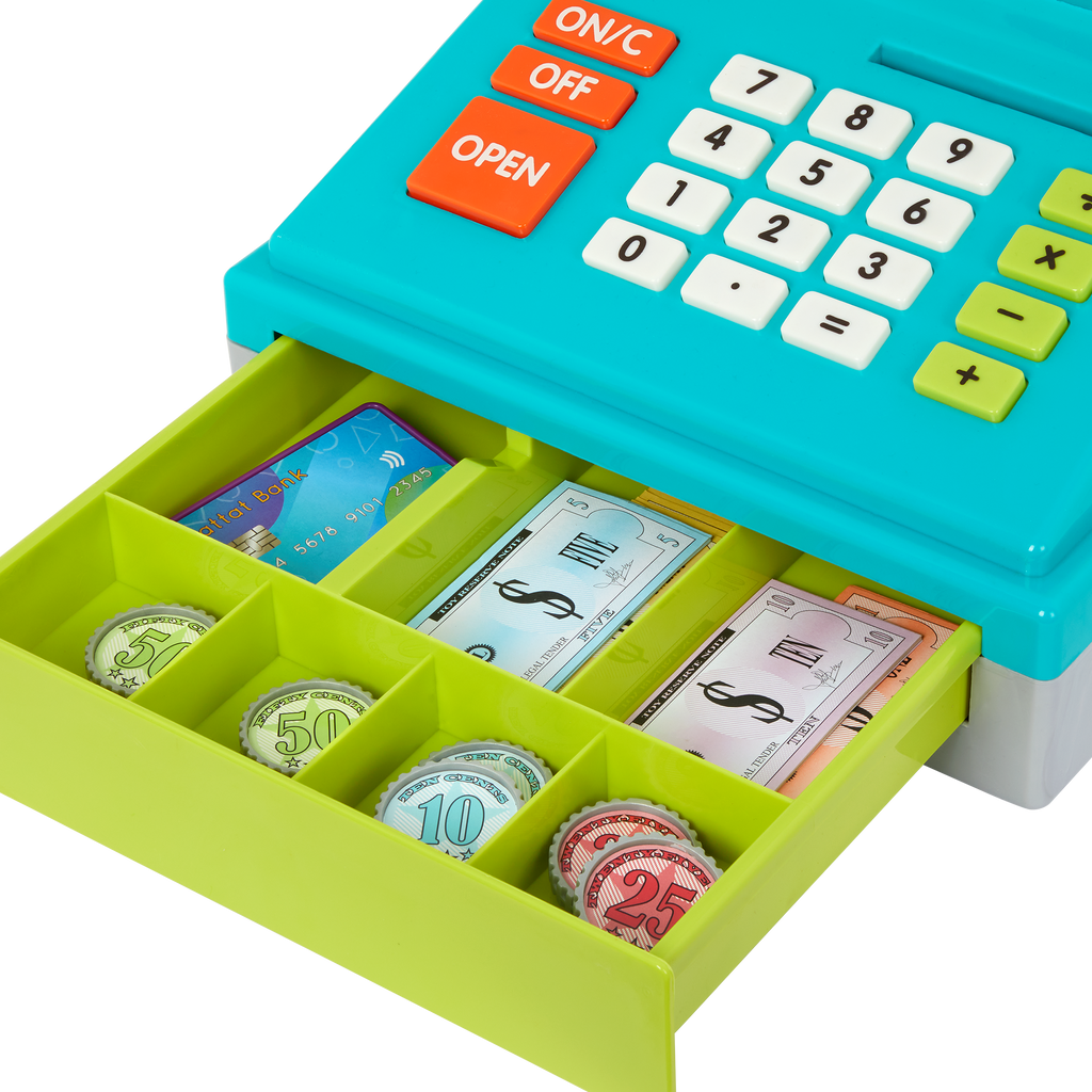 Toy cash register with play money and credit cards.