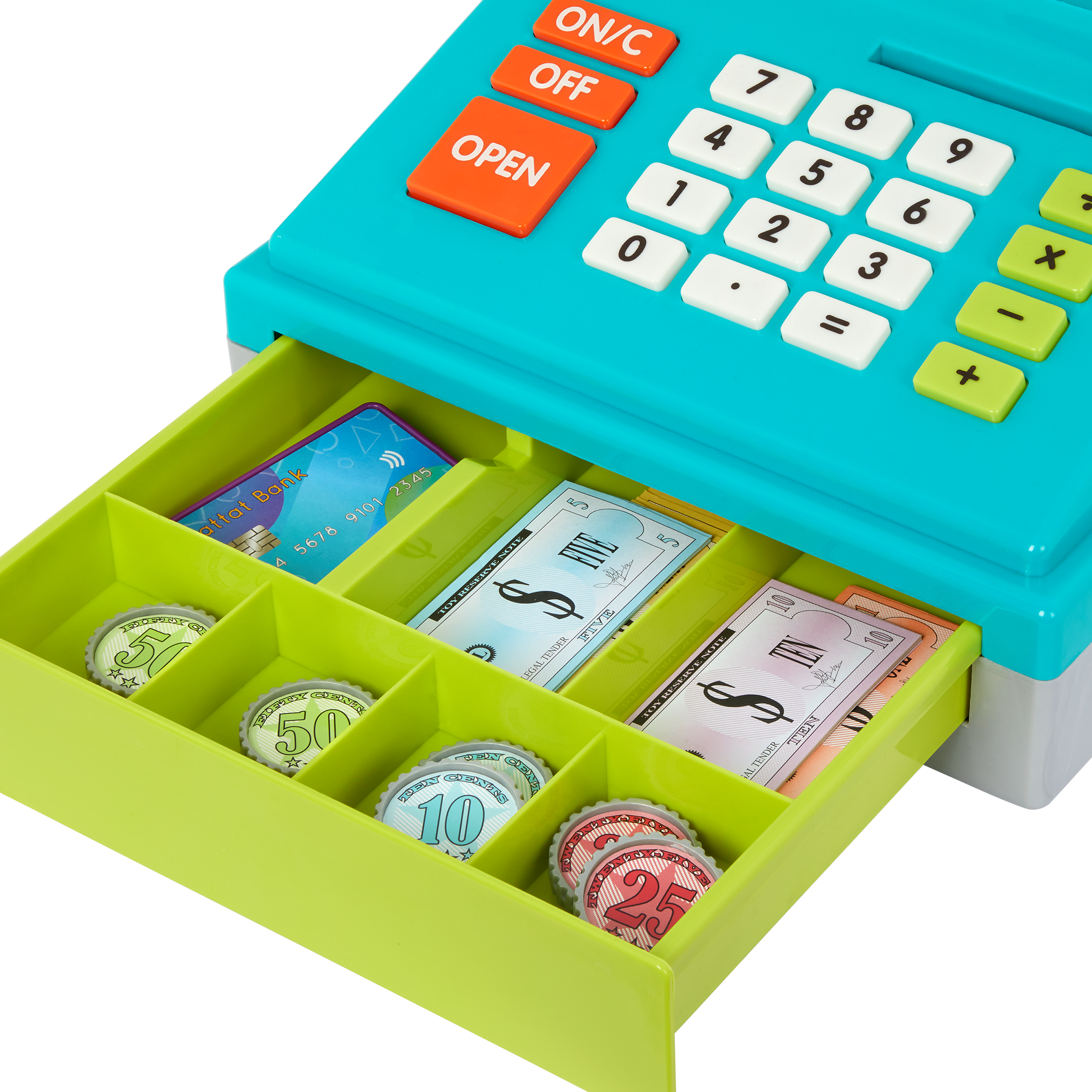 Toy cash register with play money and credit cards.