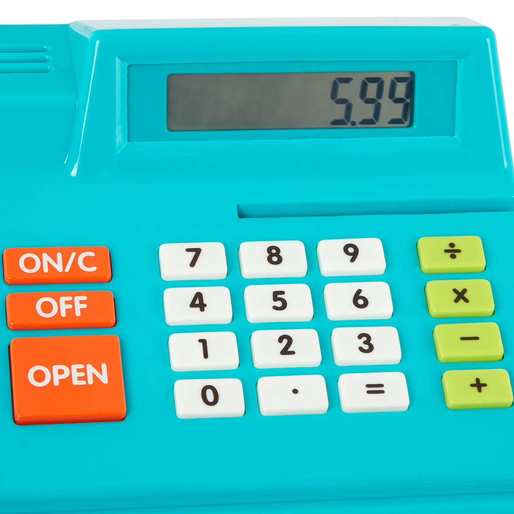 Toy cash register with play money and credit cards.