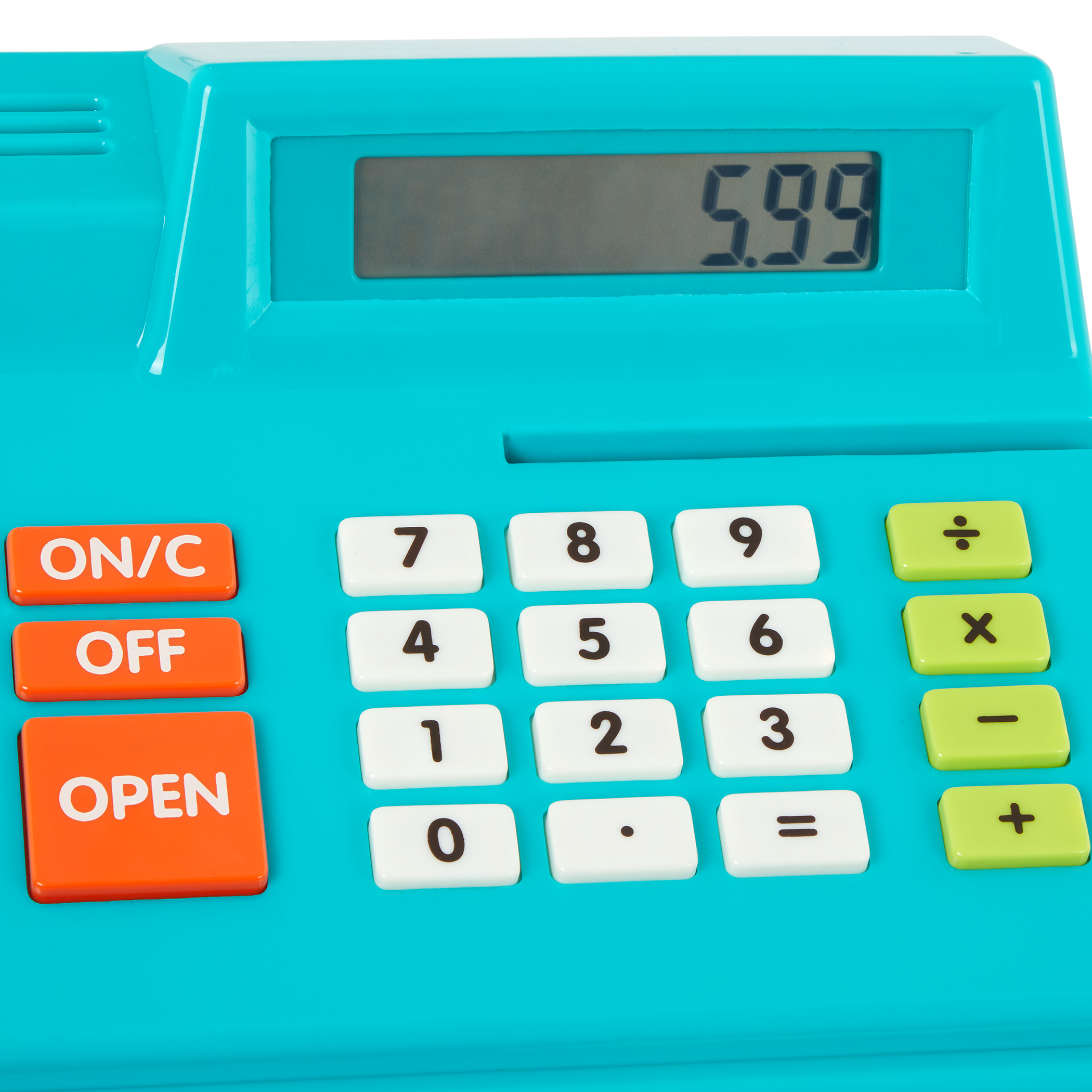 Toy cash register with play money and credit cards.