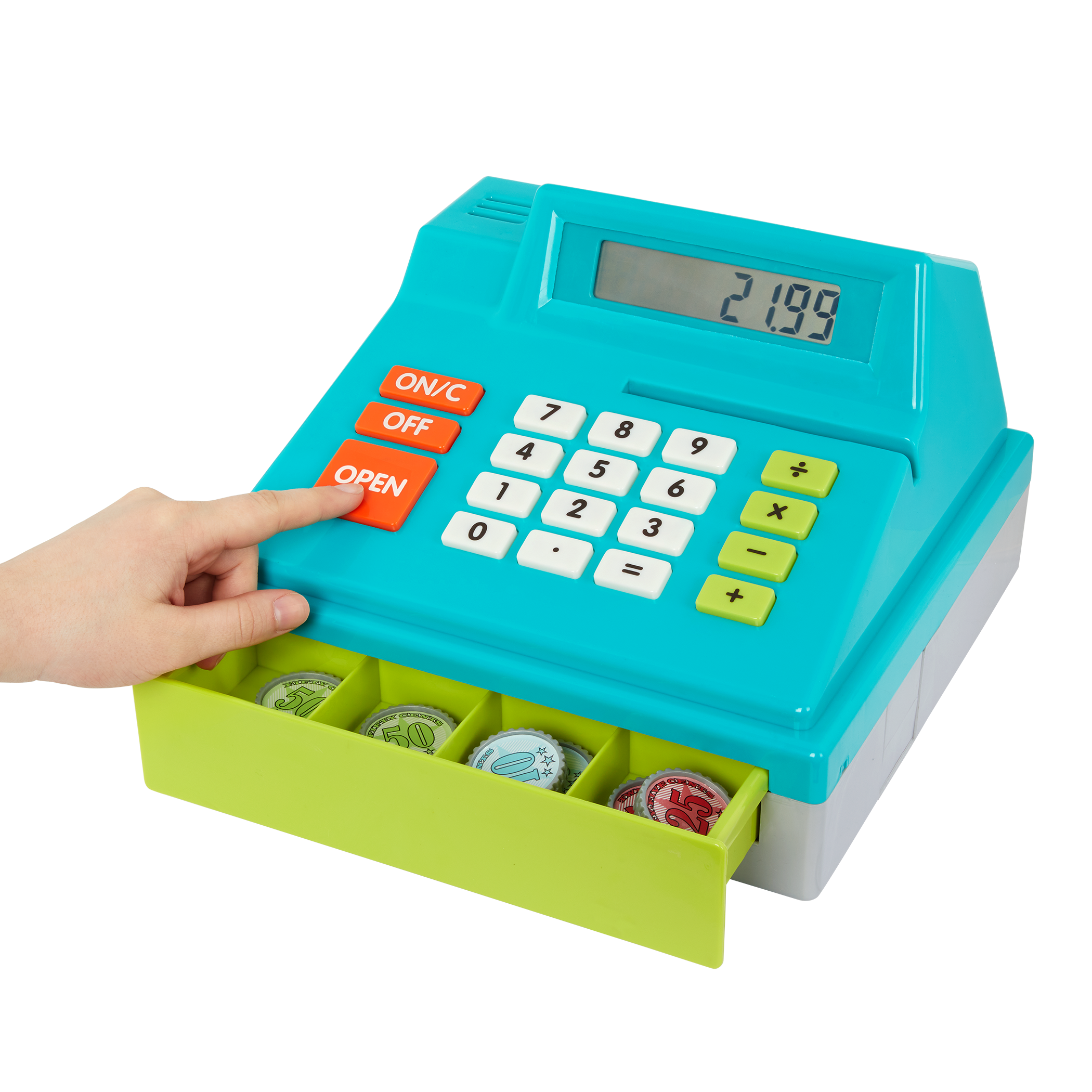 Toy cash register with play money and credit cards.