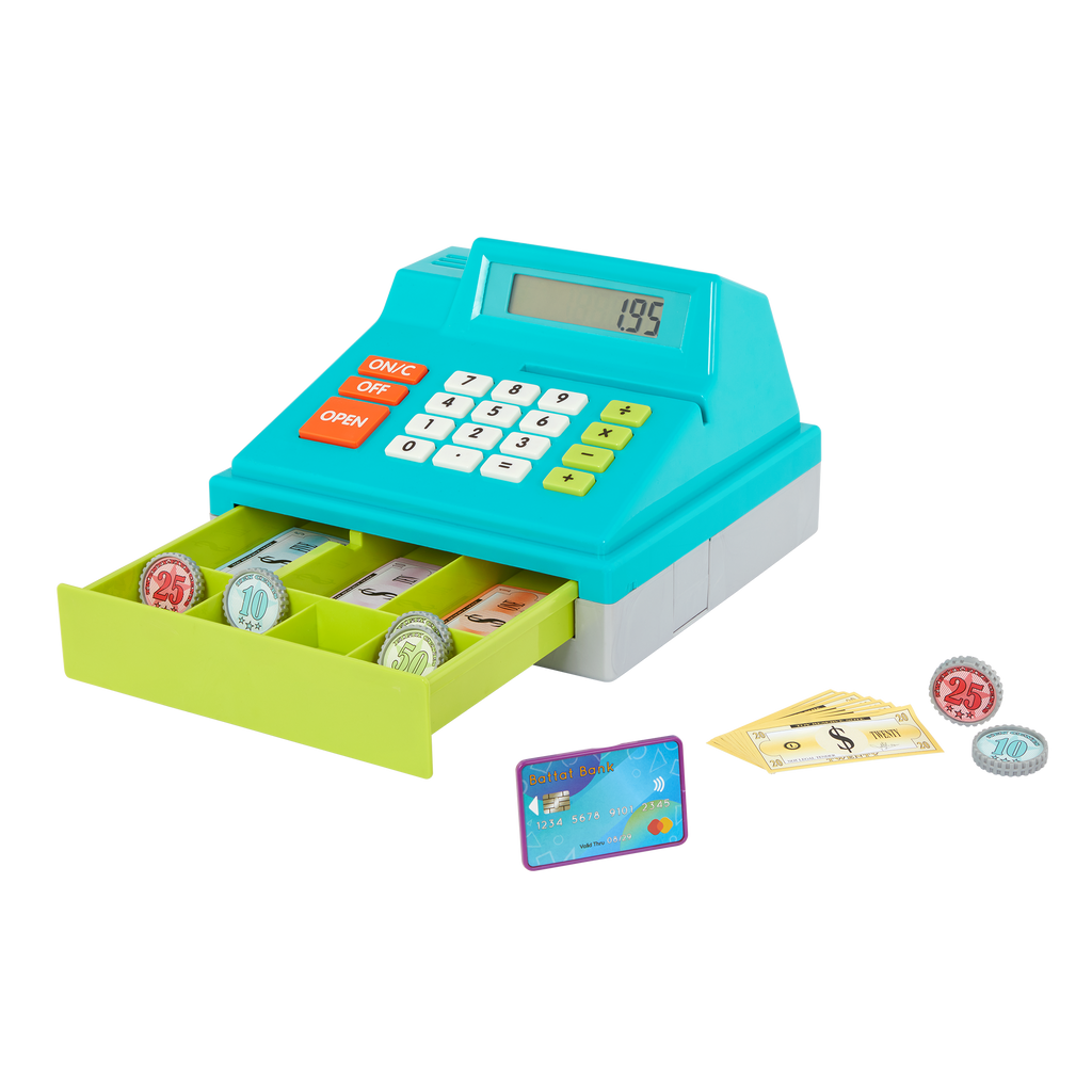 Toy cash register with play money and credit cards.