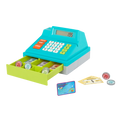 Toy cash register with play money and credit cards.