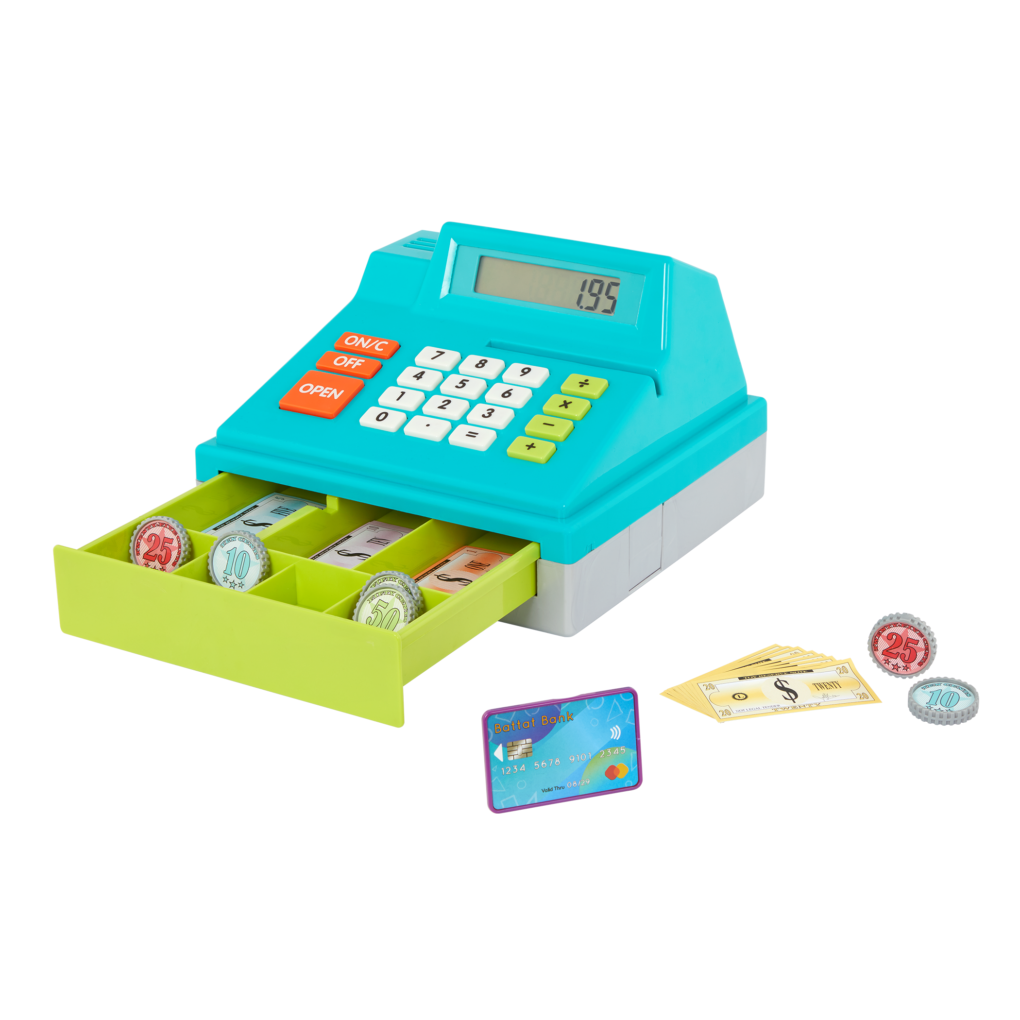 Toy cash register with play money and credit cards.