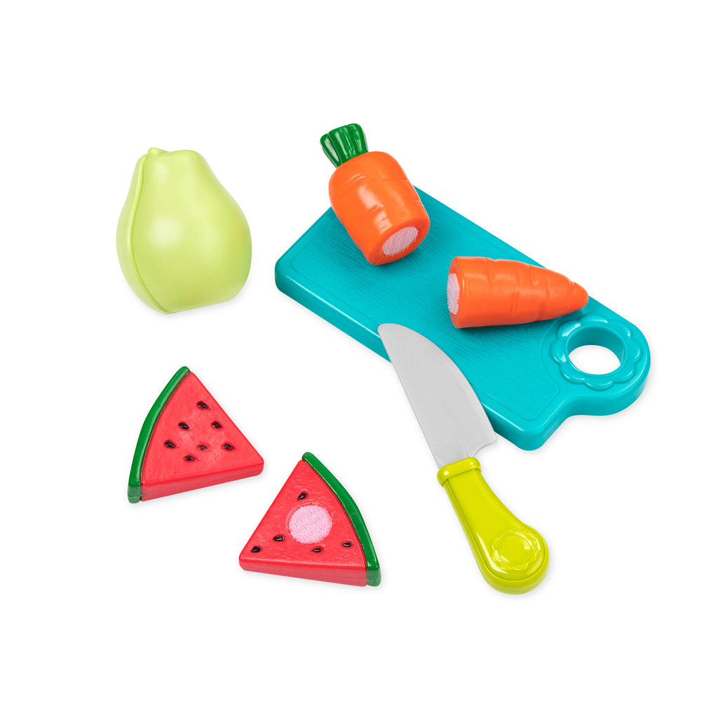 A blue and yellow shopping cart and farmer's market basket, both are full of toy foods.