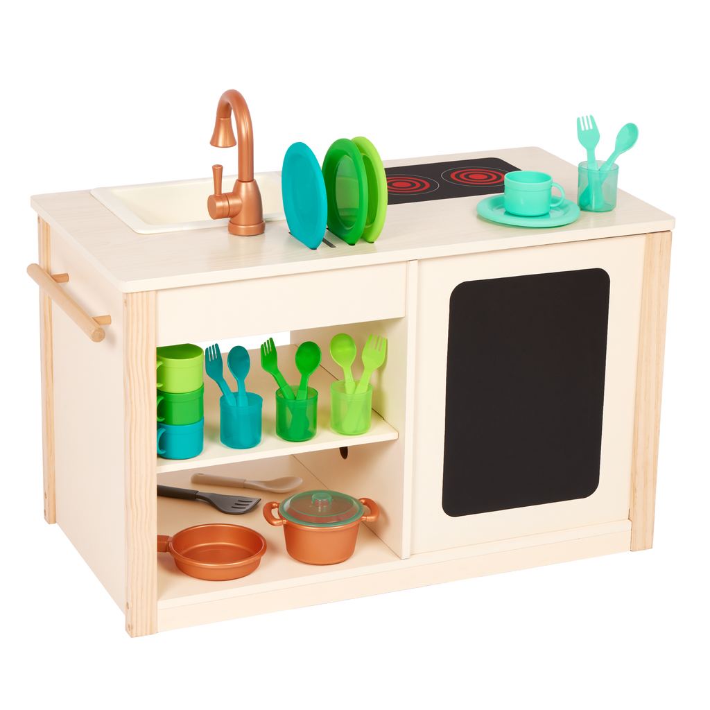 Wooden toy kitchen with colorful accessories.