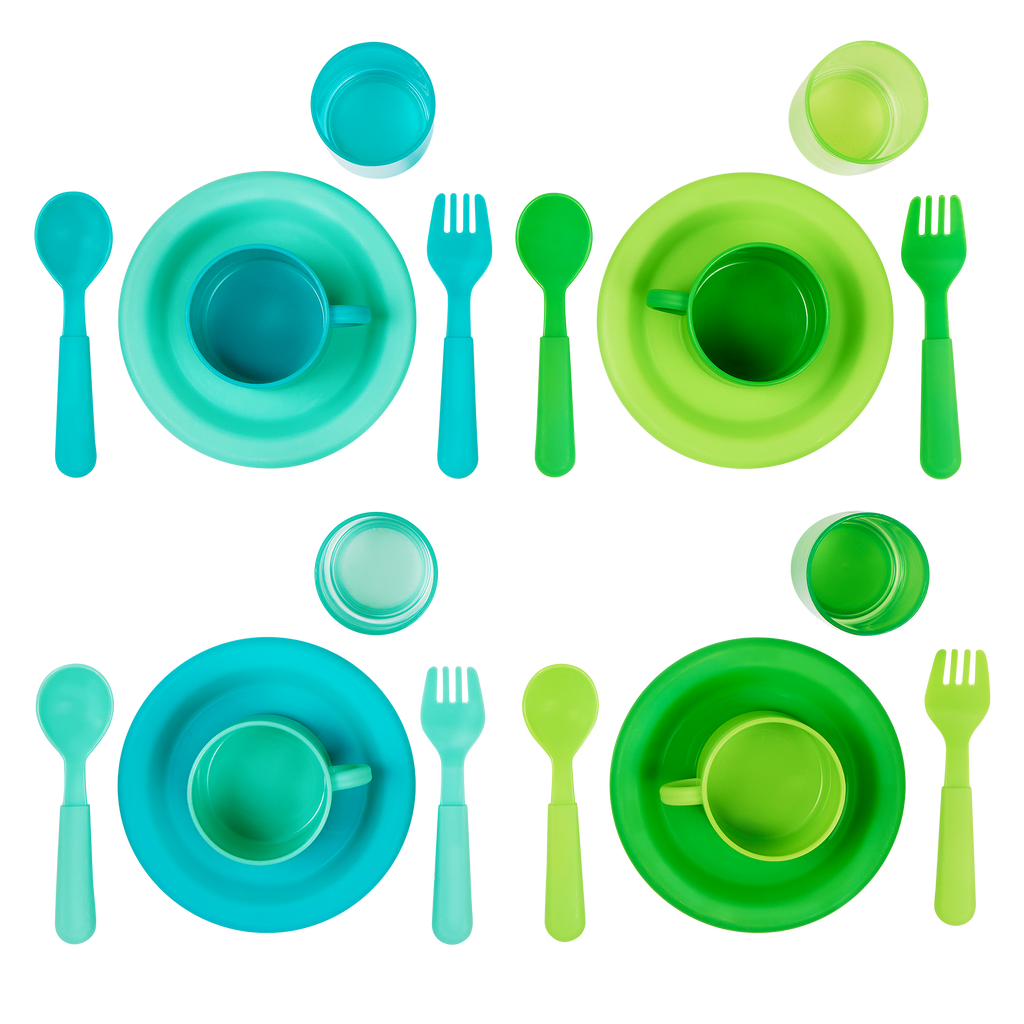 Wooden toy kitchen with colorful accessories.