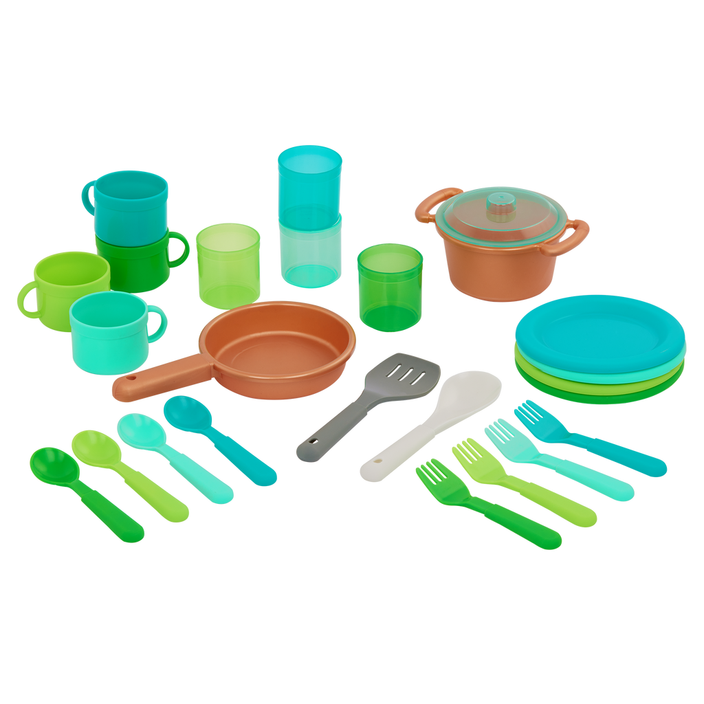 Wooden toy kitchen with colorful accessories.