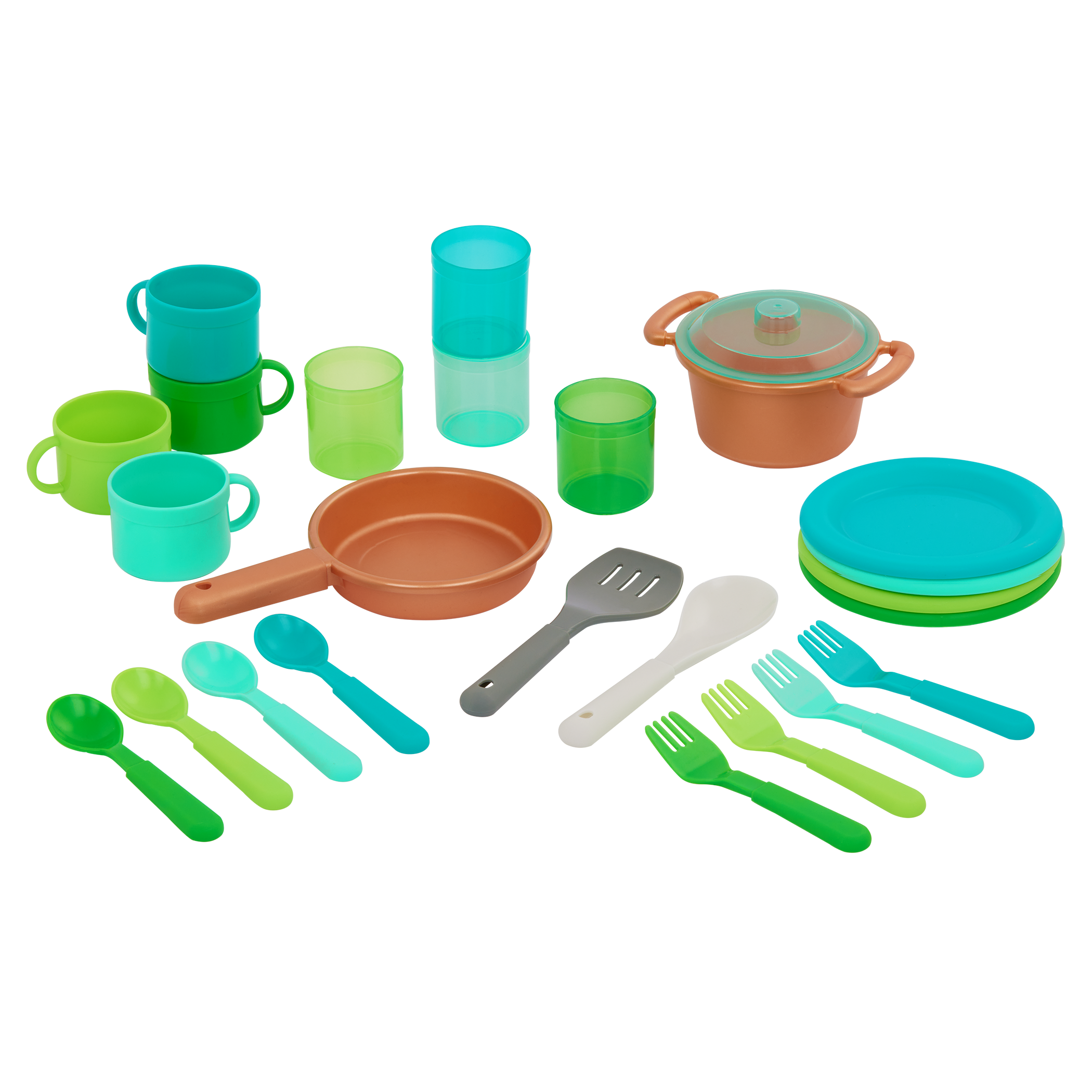 Wooden toy kitchen with colorful accessories.