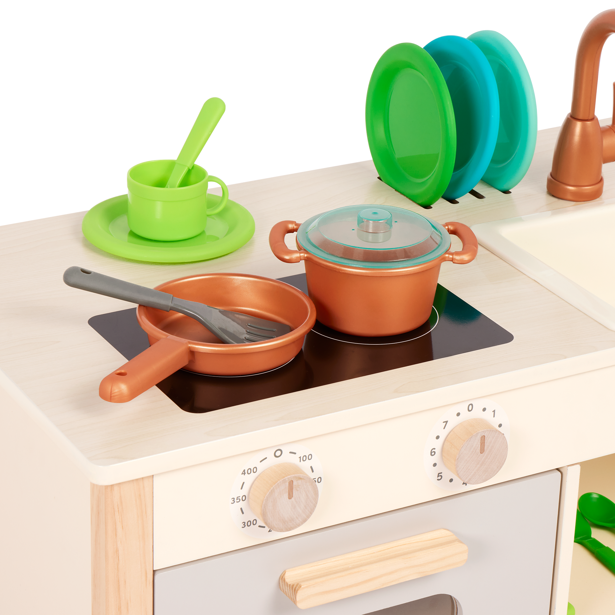 Wooden toy kitchen with colorful accessories.