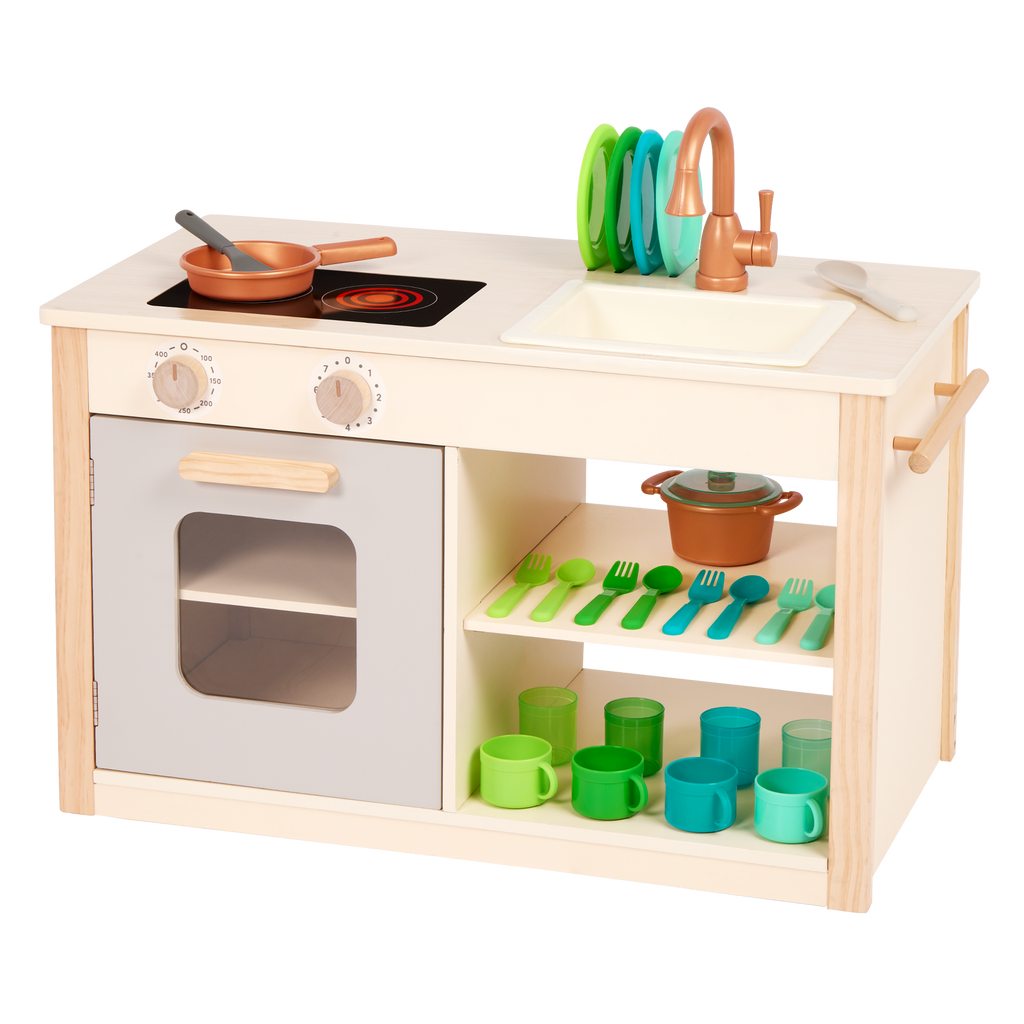 Wooden toy kitchen with colorful accessories.