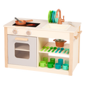 Wooden toy kitchen with colorful accessories.