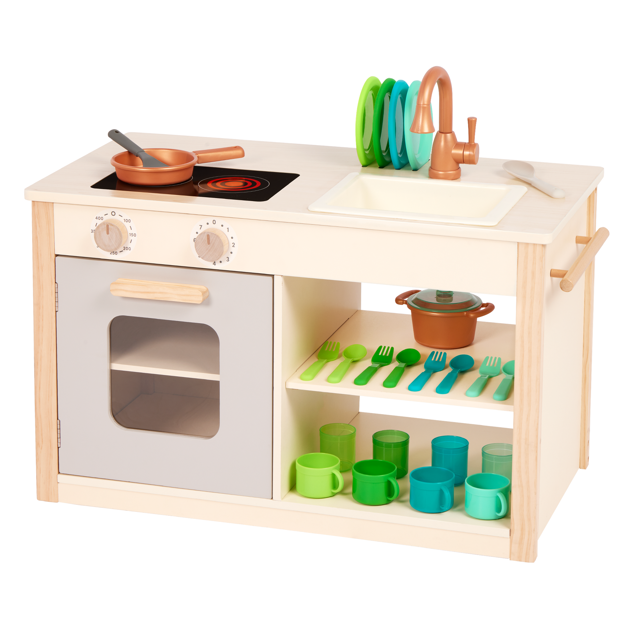 Wooden toy kitchen with colorful accessories.