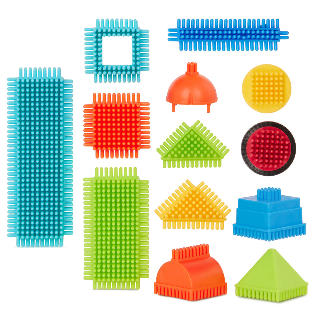 Colorful building blocks laid out, so you can see all the pieces.