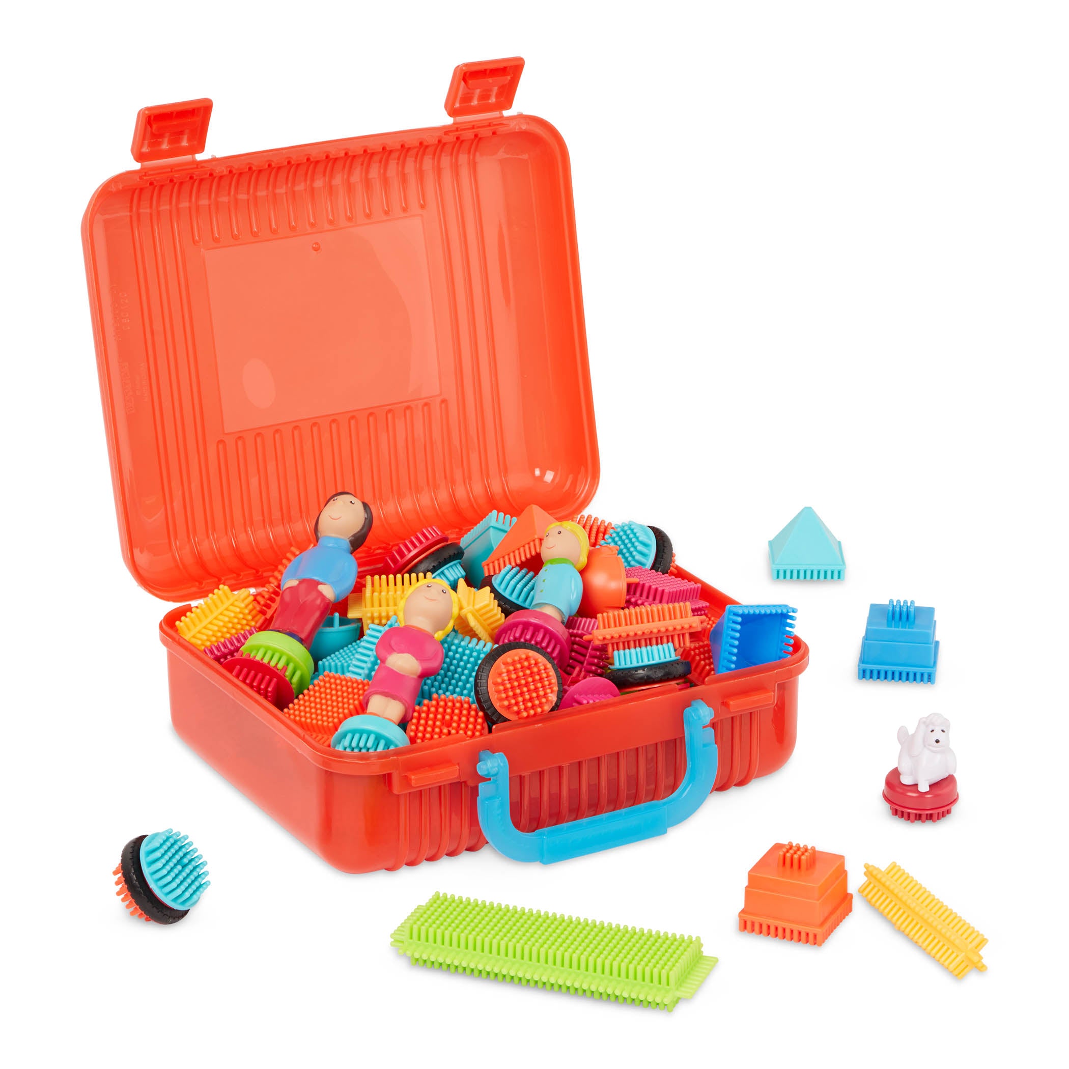 Bristle Blocks laid out to show all the pieces.