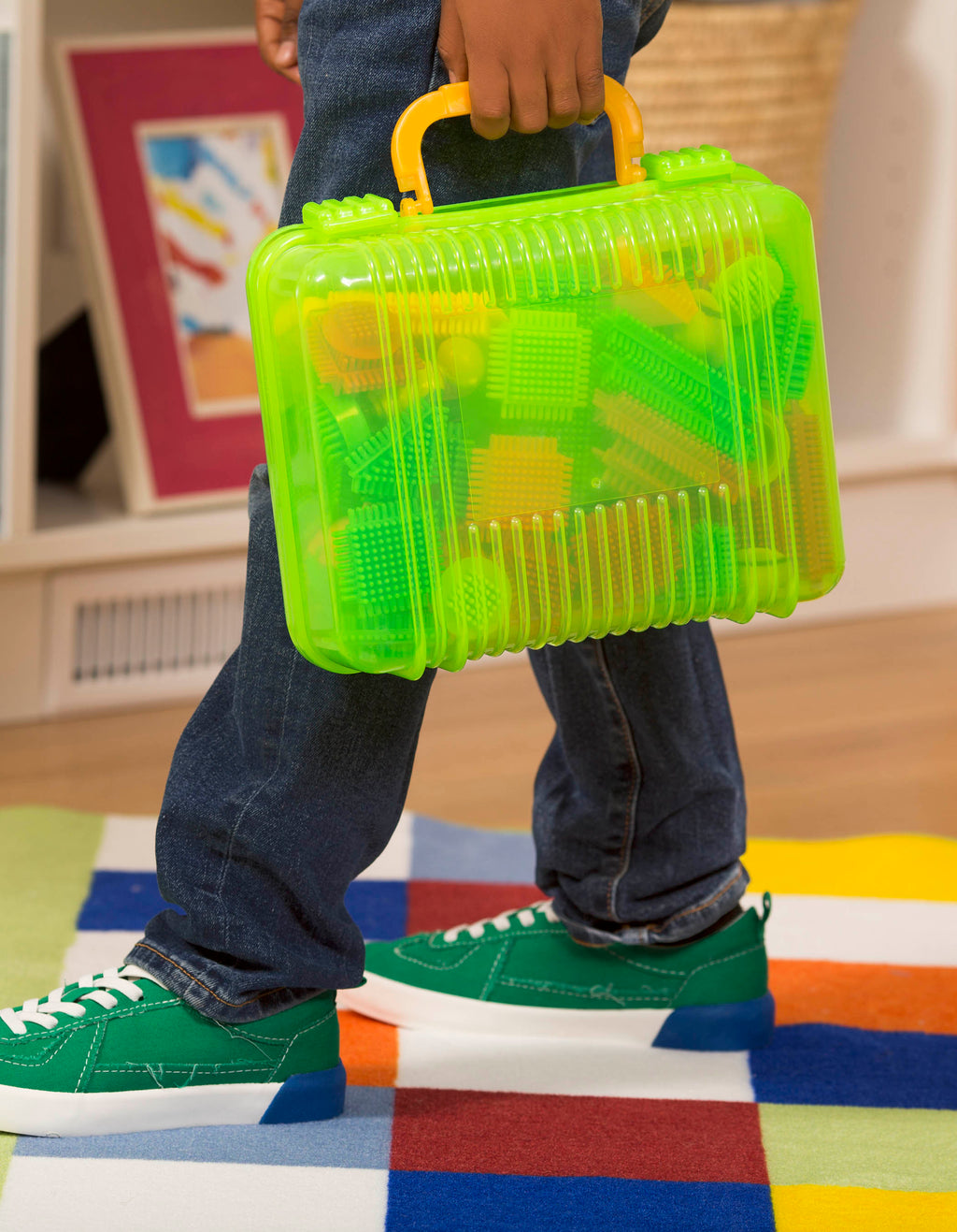 Colorful building blocks laid out, so you can see all 85 pieces.