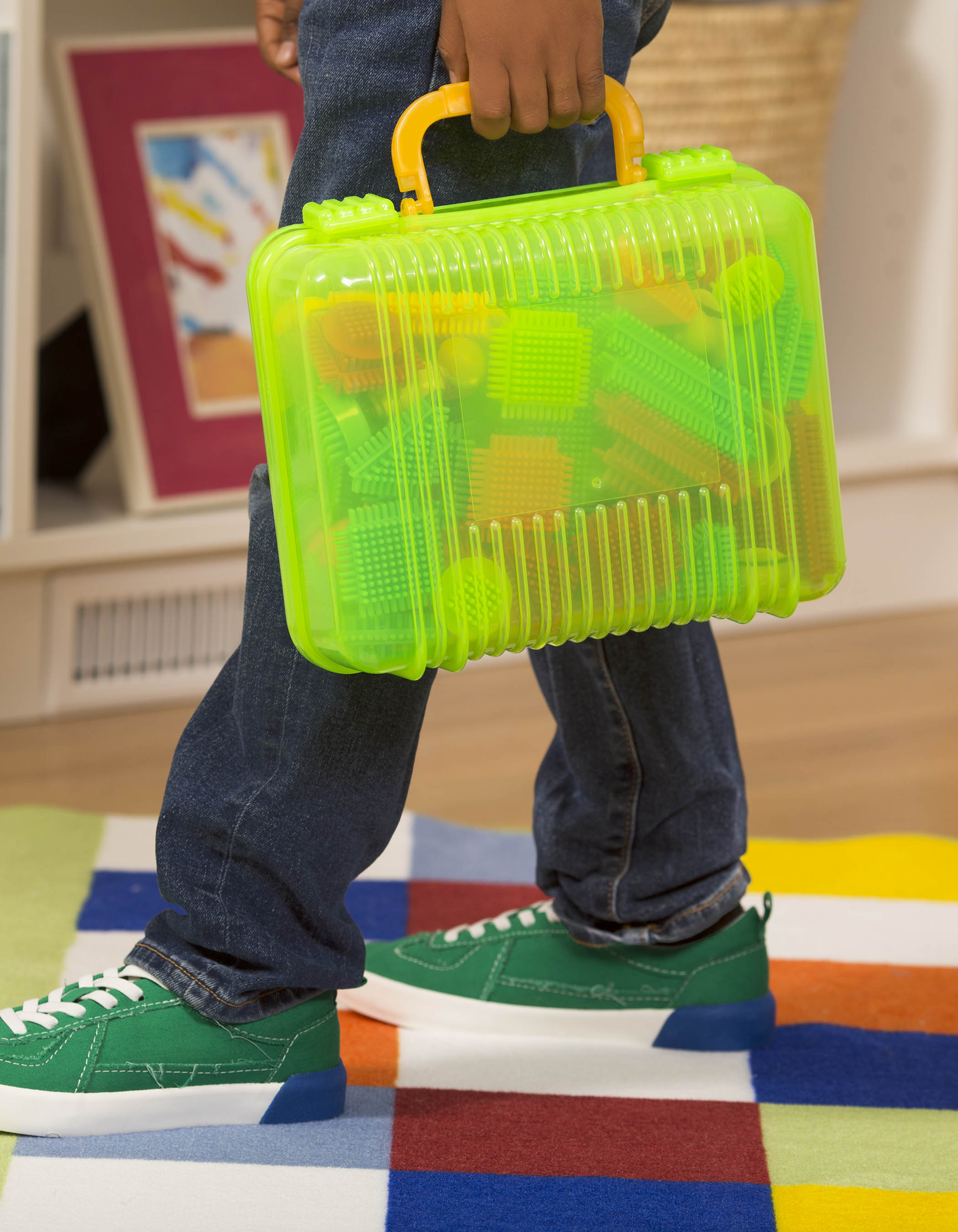 Colorful building blocks laid out, so you can see all 85 pieces.