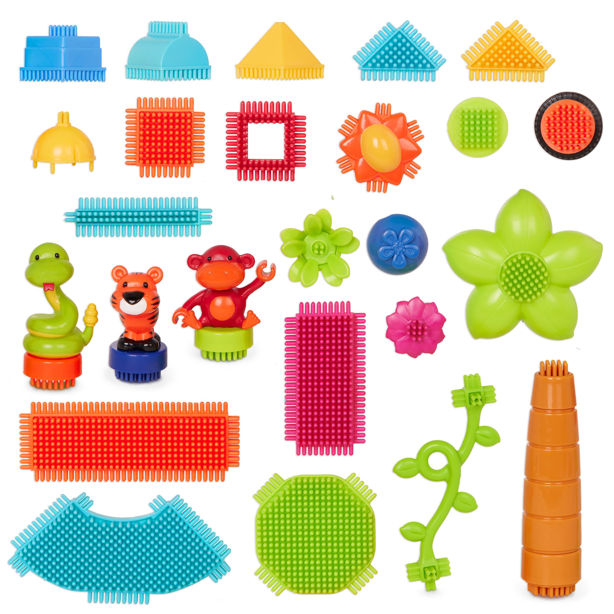 A vehicle and structure made with Bristle Blocks.