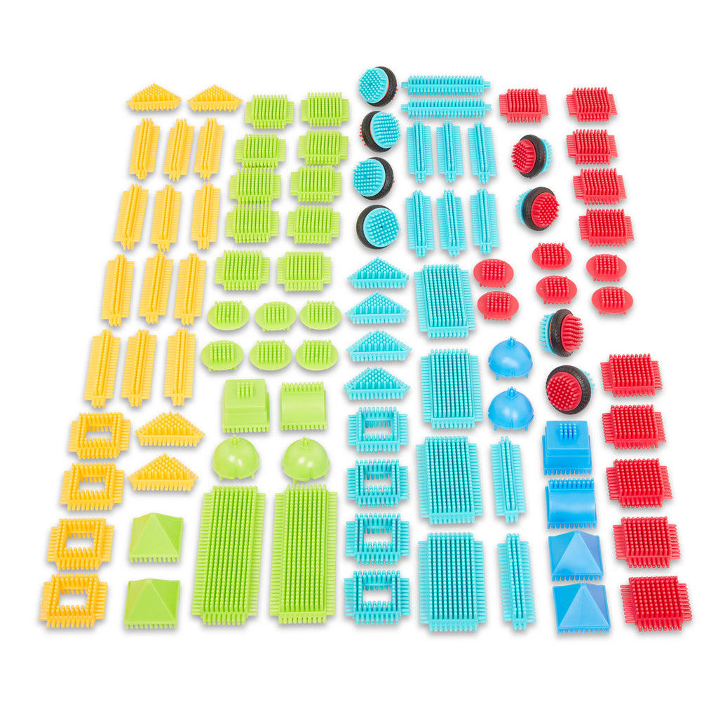 112 pc building block set, laid out to show all the coloful pieces.