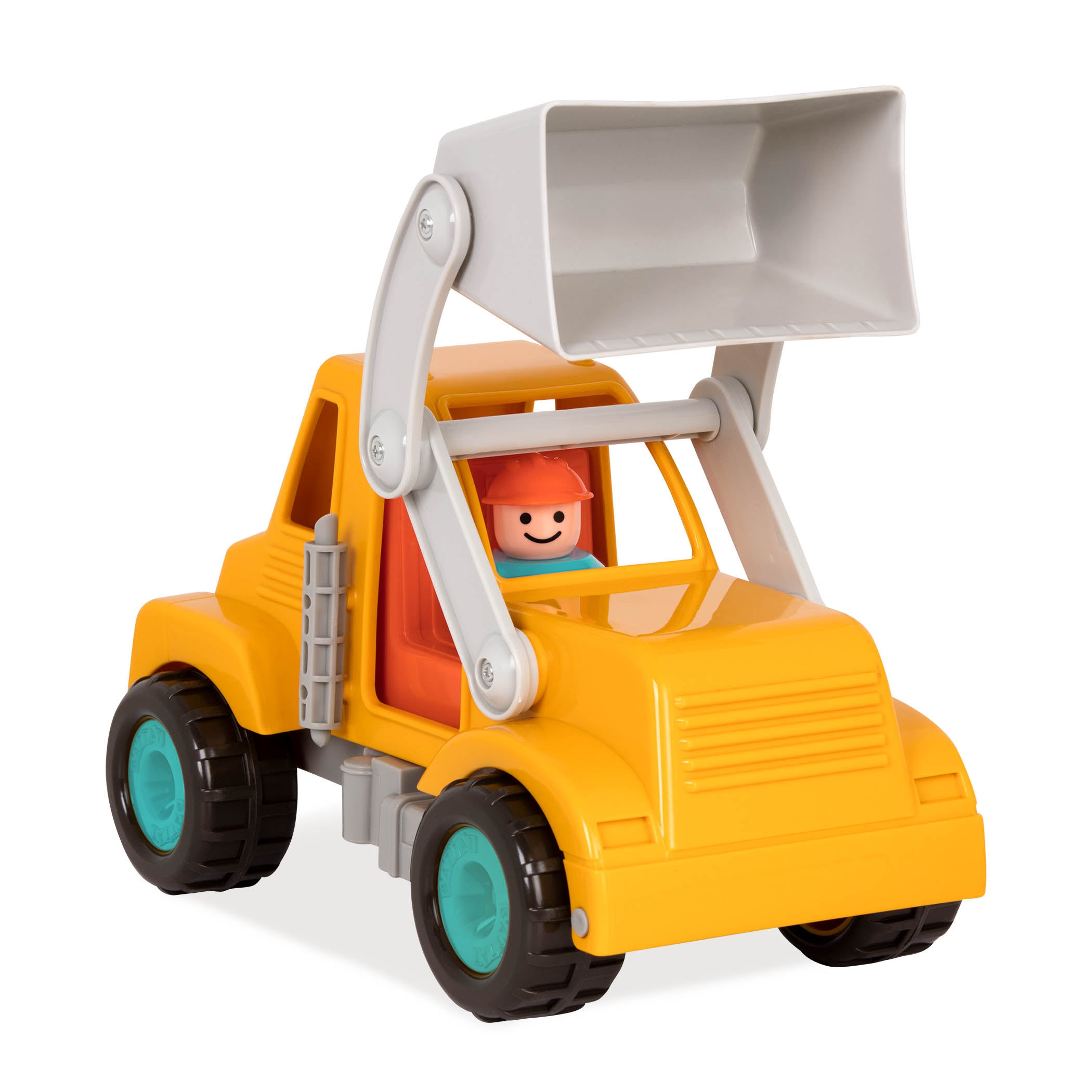 A front end loader toy with the shovel lifted.