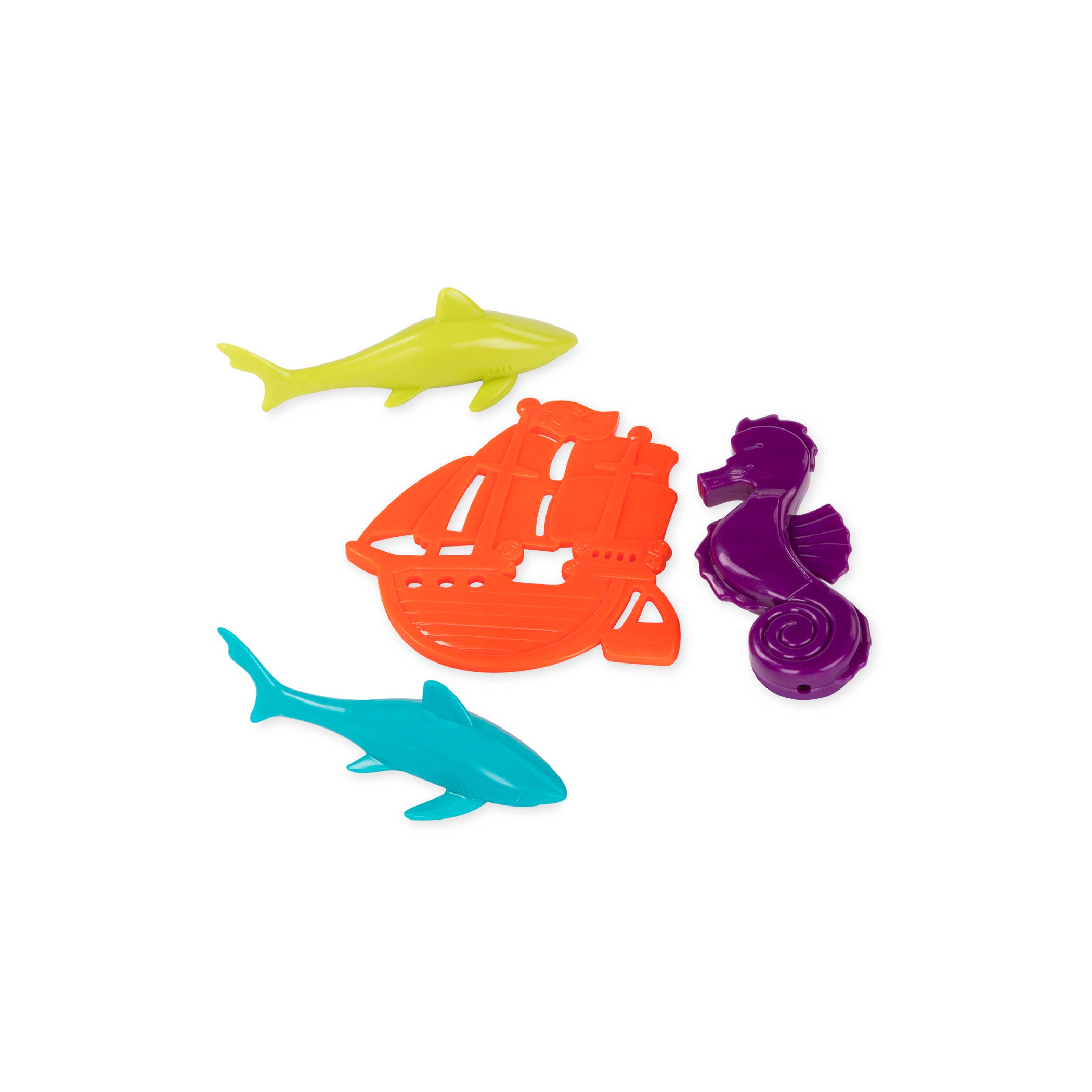 Toy treasure chest with pirate-themed pool toys.IPool and diving toys, including pretend gems, coins, bones, and more.IBlue and green toy treasure chest with pirate-themed pool toys.