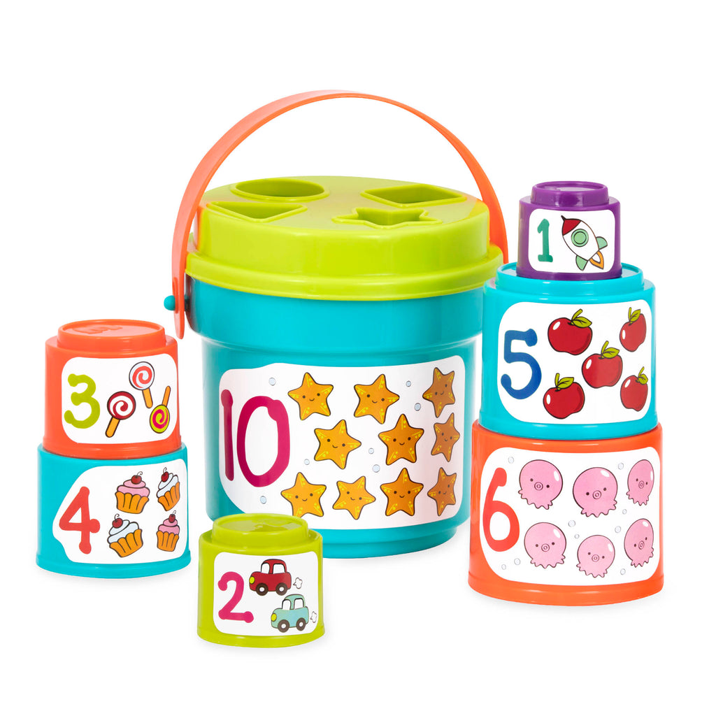 Stacking buckets for toddler with shapes to sort.