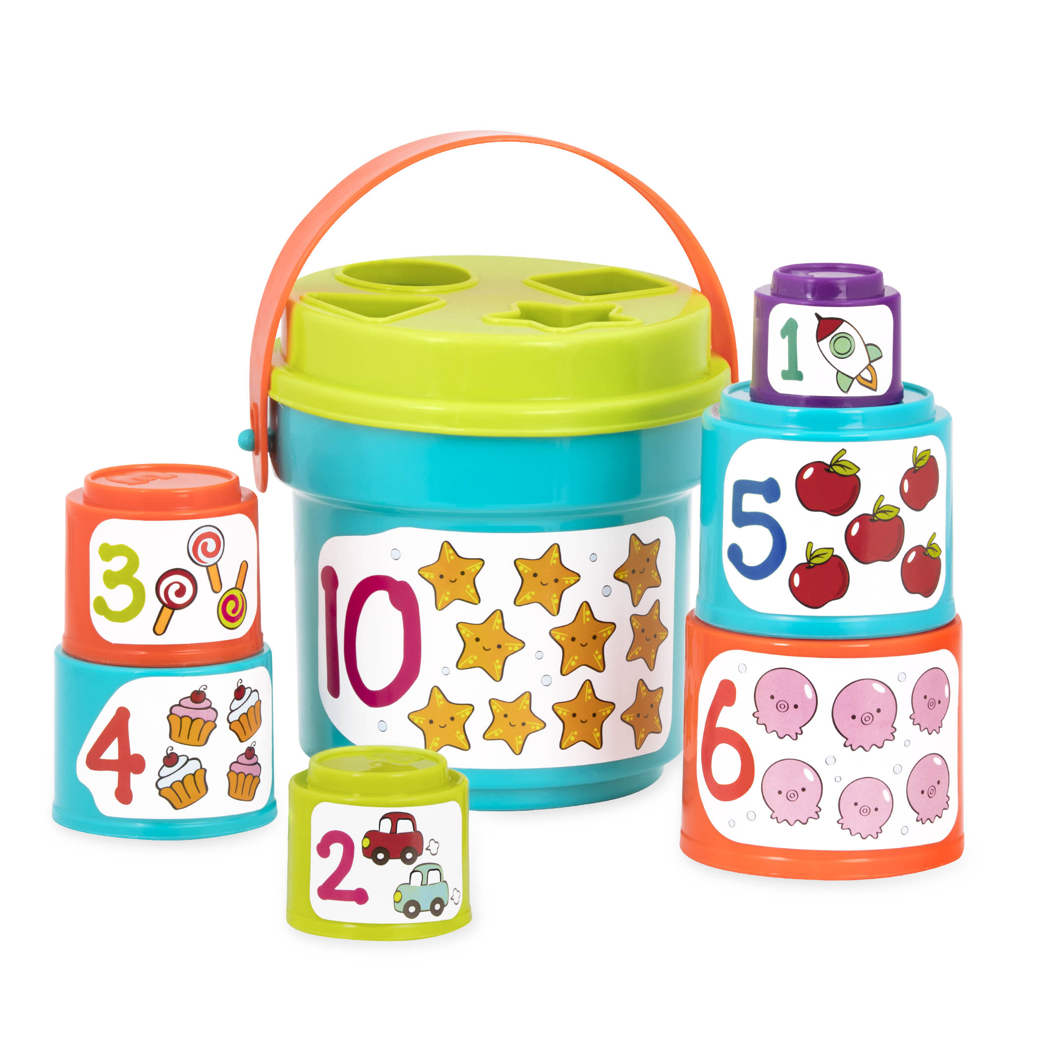 Stacking buckets for toddler with shapes to sort.