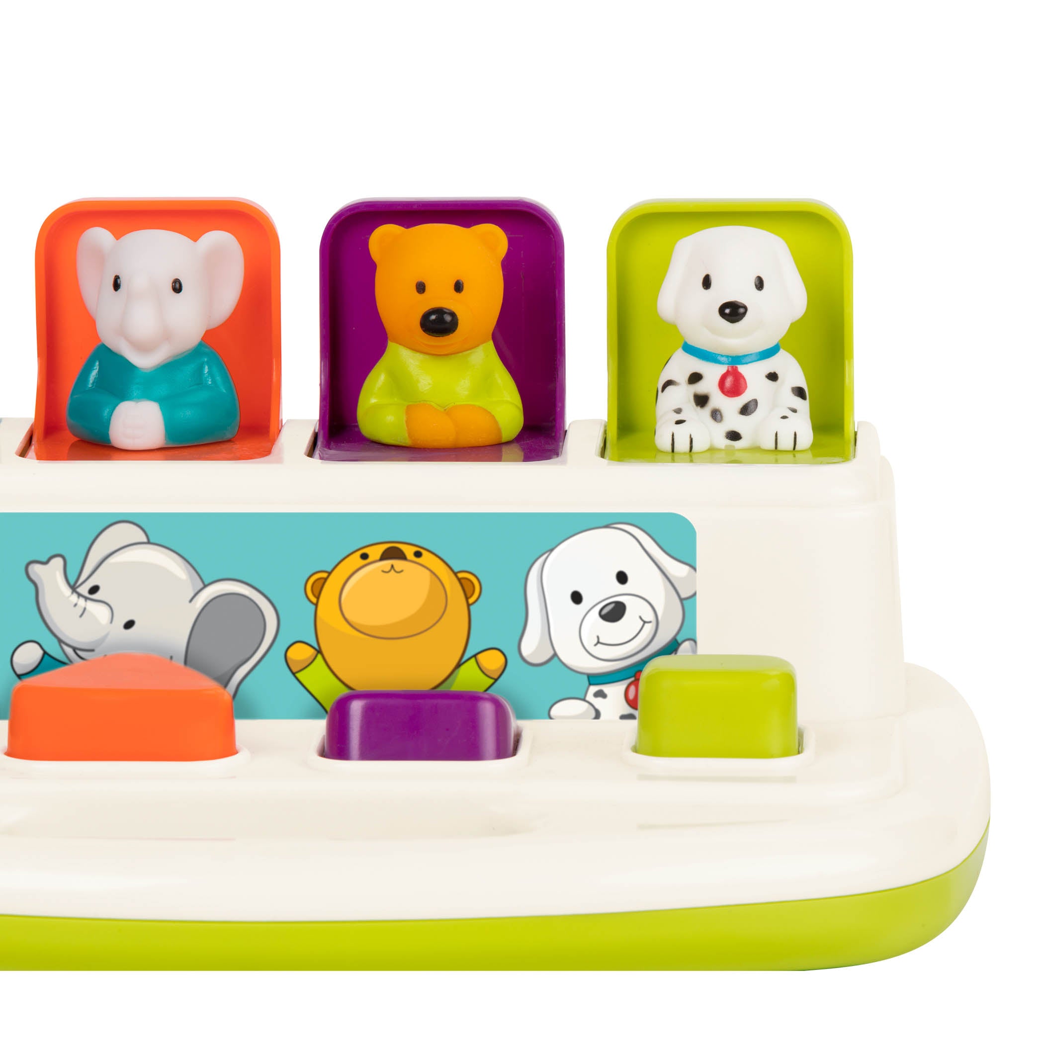 A pop up toy with 4 animals, a lion, elephant, bear, and dog.