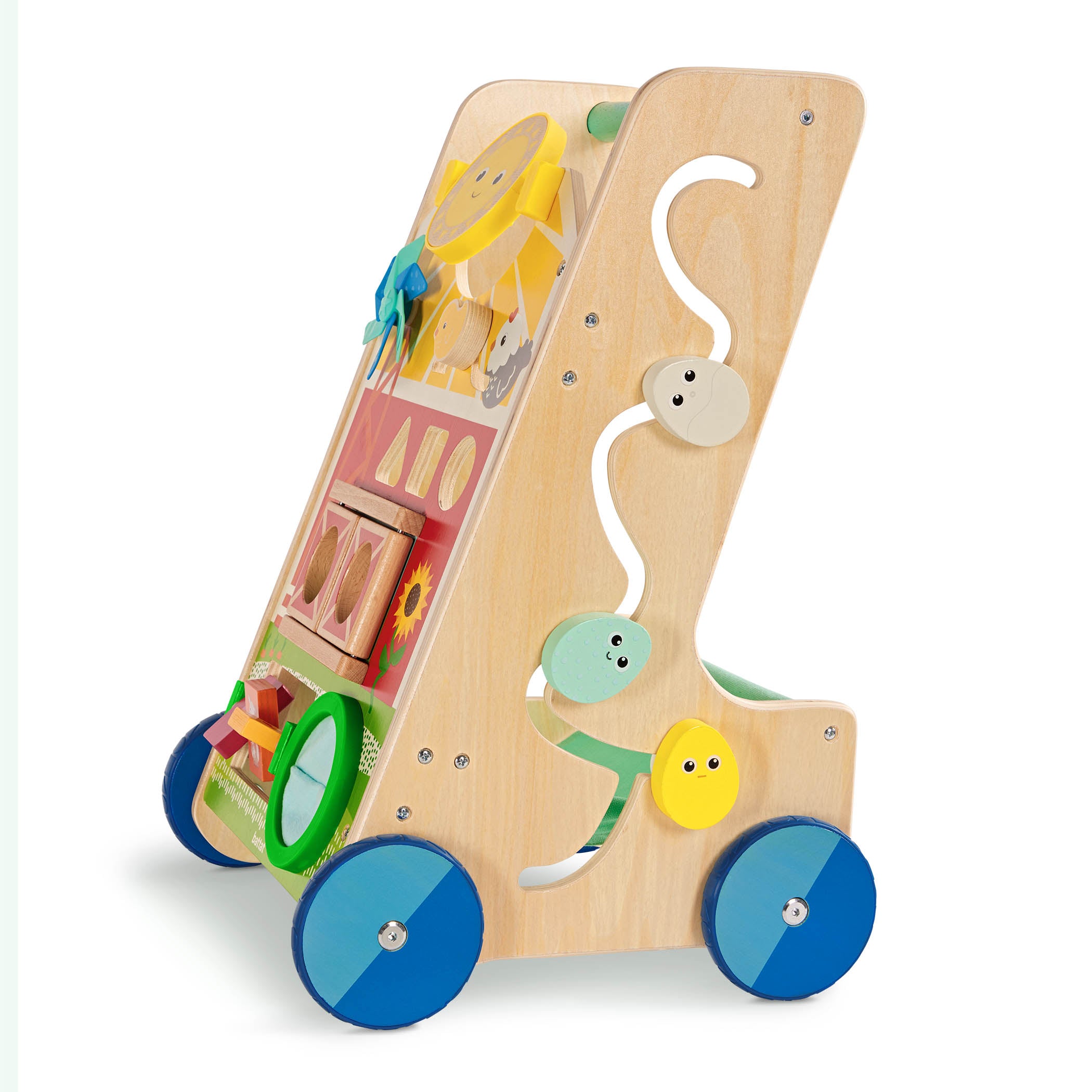 A baby walker toy with blocks and colorful handkerchiefs.