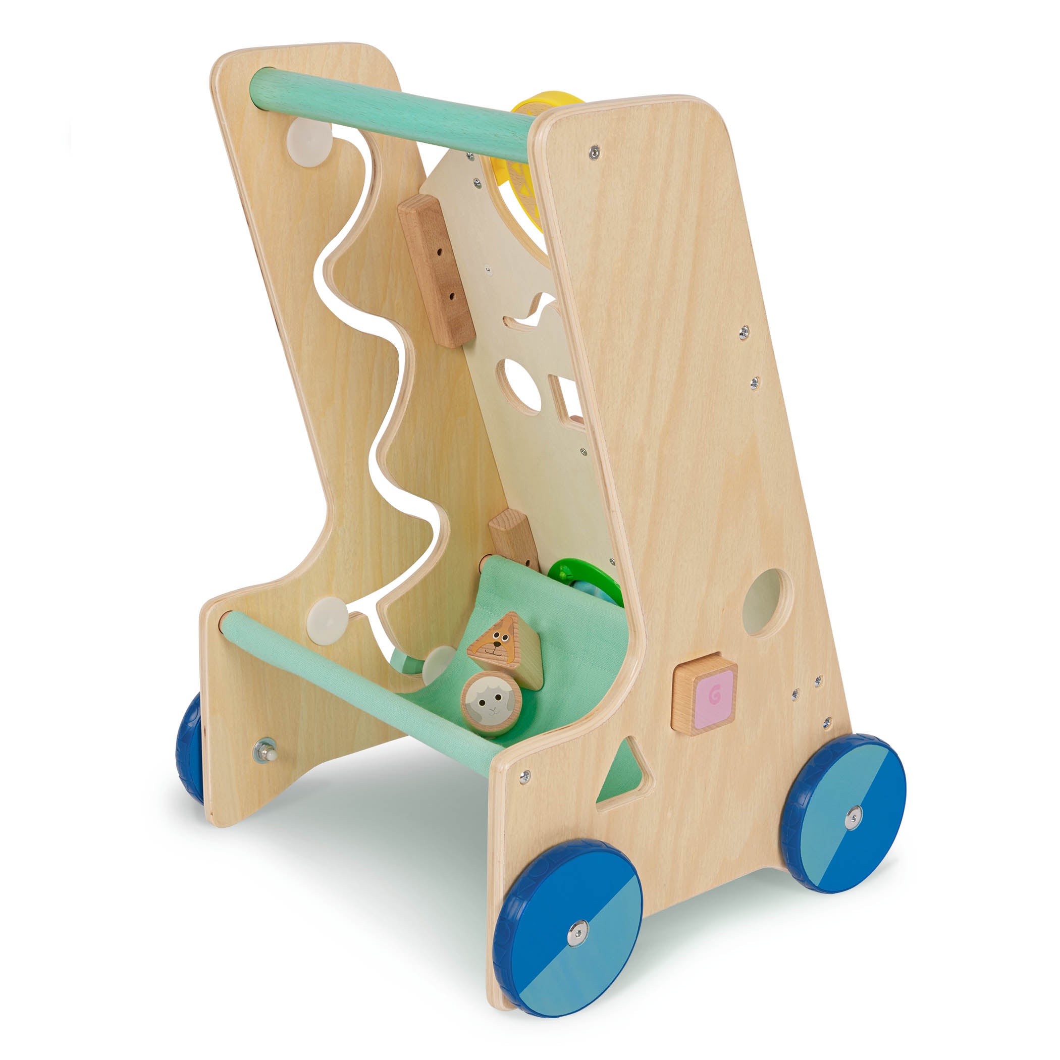 A baby walker toy with blocks and colorful handkerchiefs.
