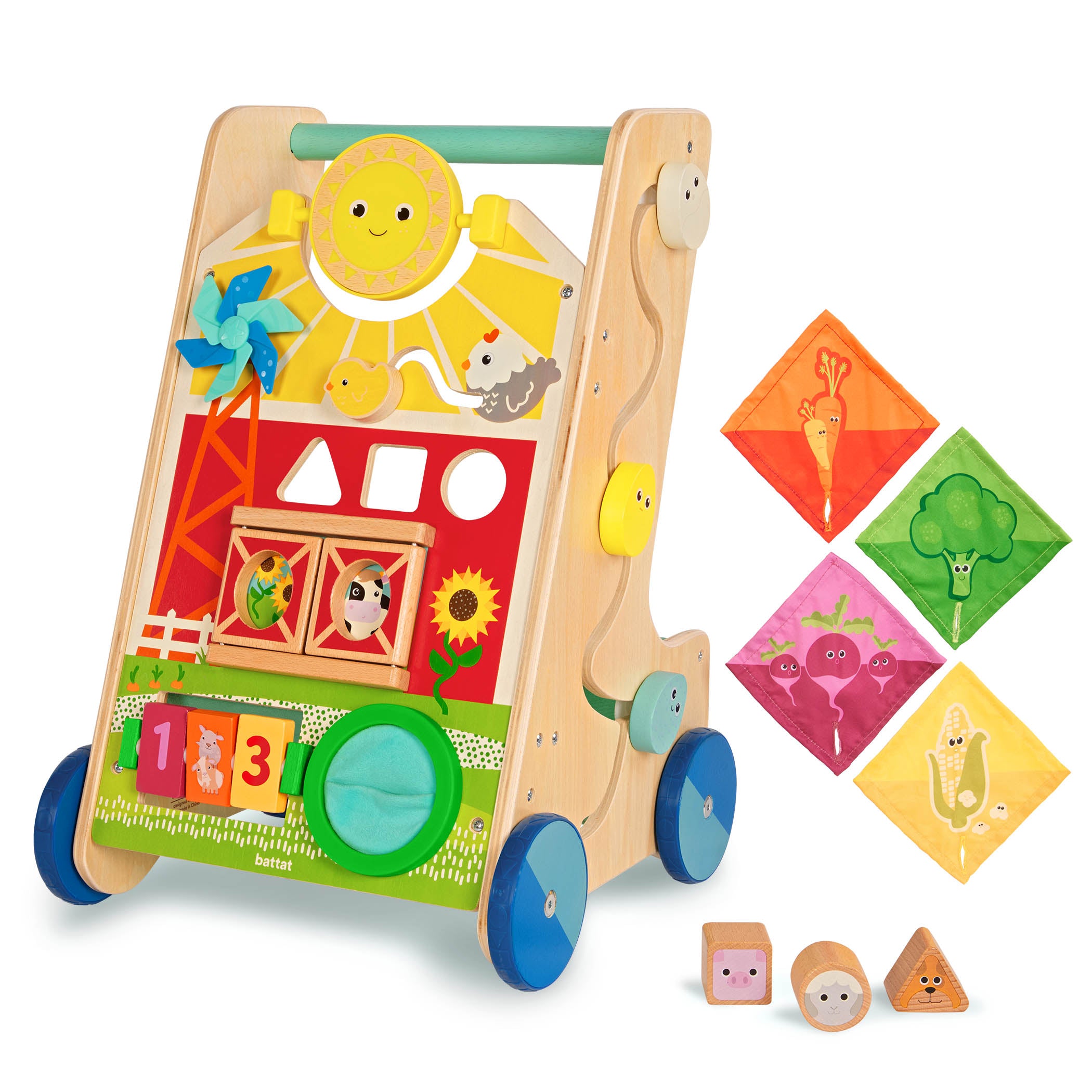 A baby walker toy with blocks and colorful handkerchiefs.
