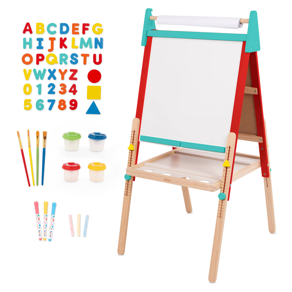 An art easel for toddlers kids with a whiteboard and chalkboard.