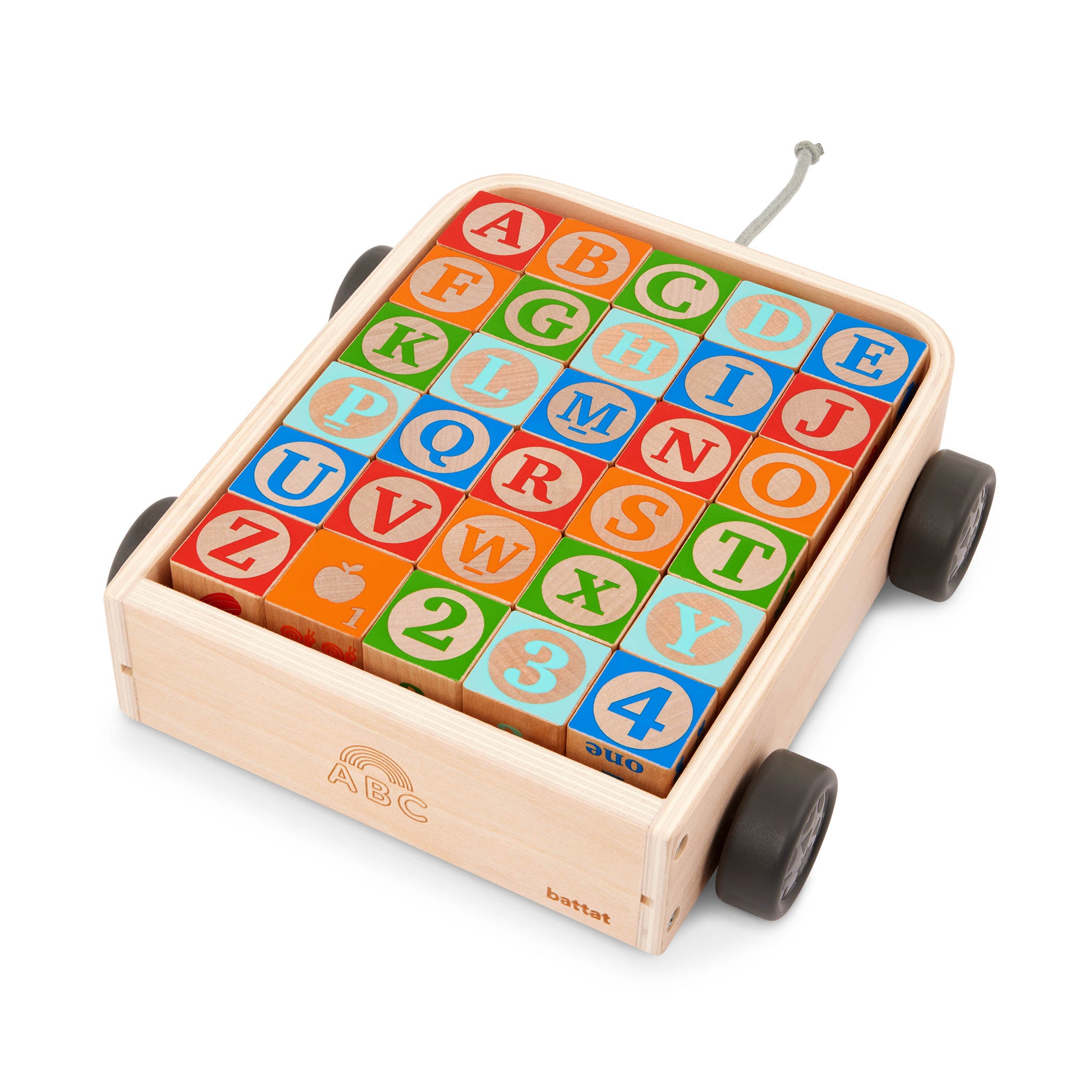 Wooden blocks in a wagon, learning toys for toddlers and kids.