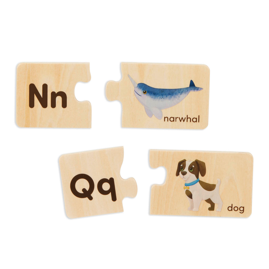 Puzzle pieces in a wooden box.