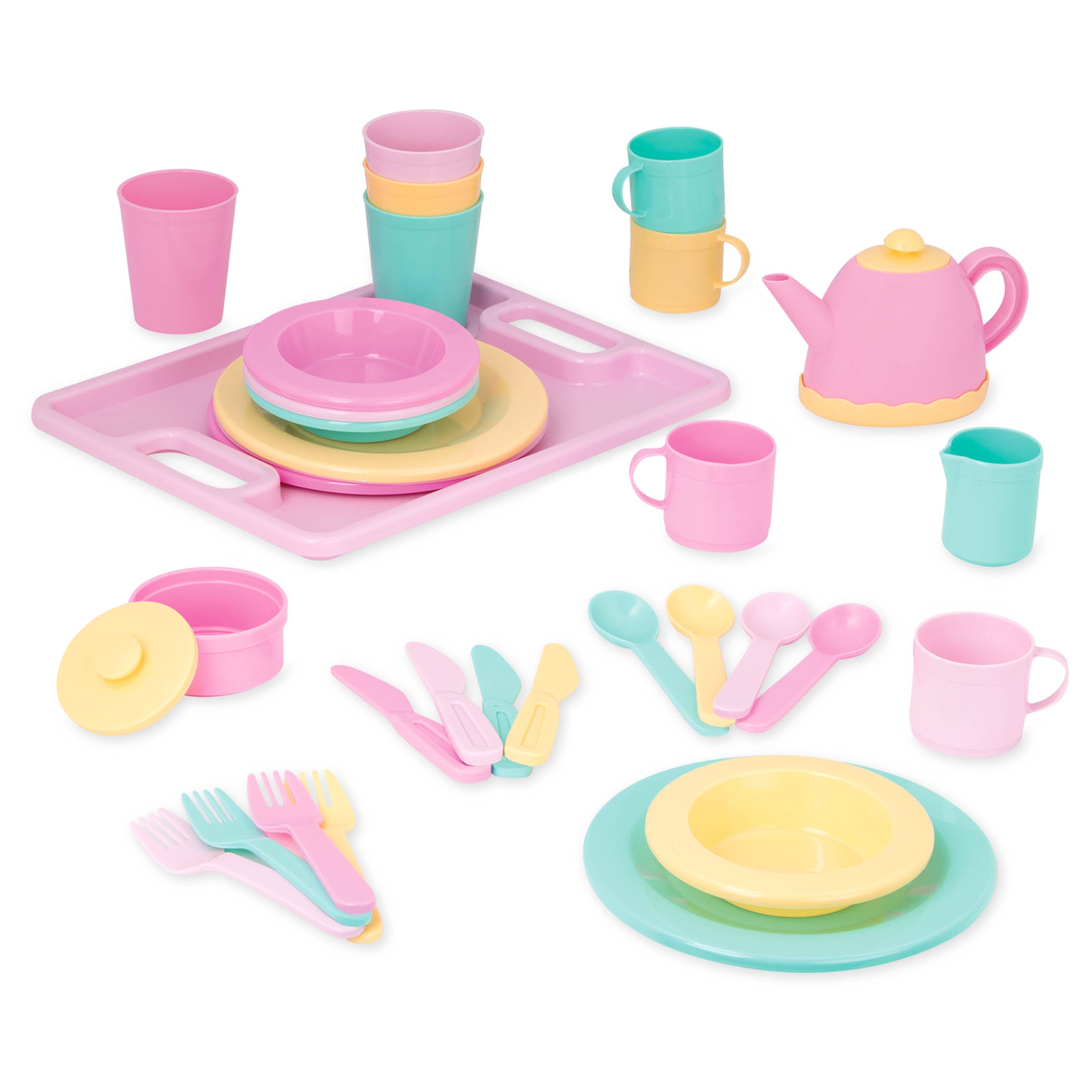 A set of toy dishes including a tea pot.