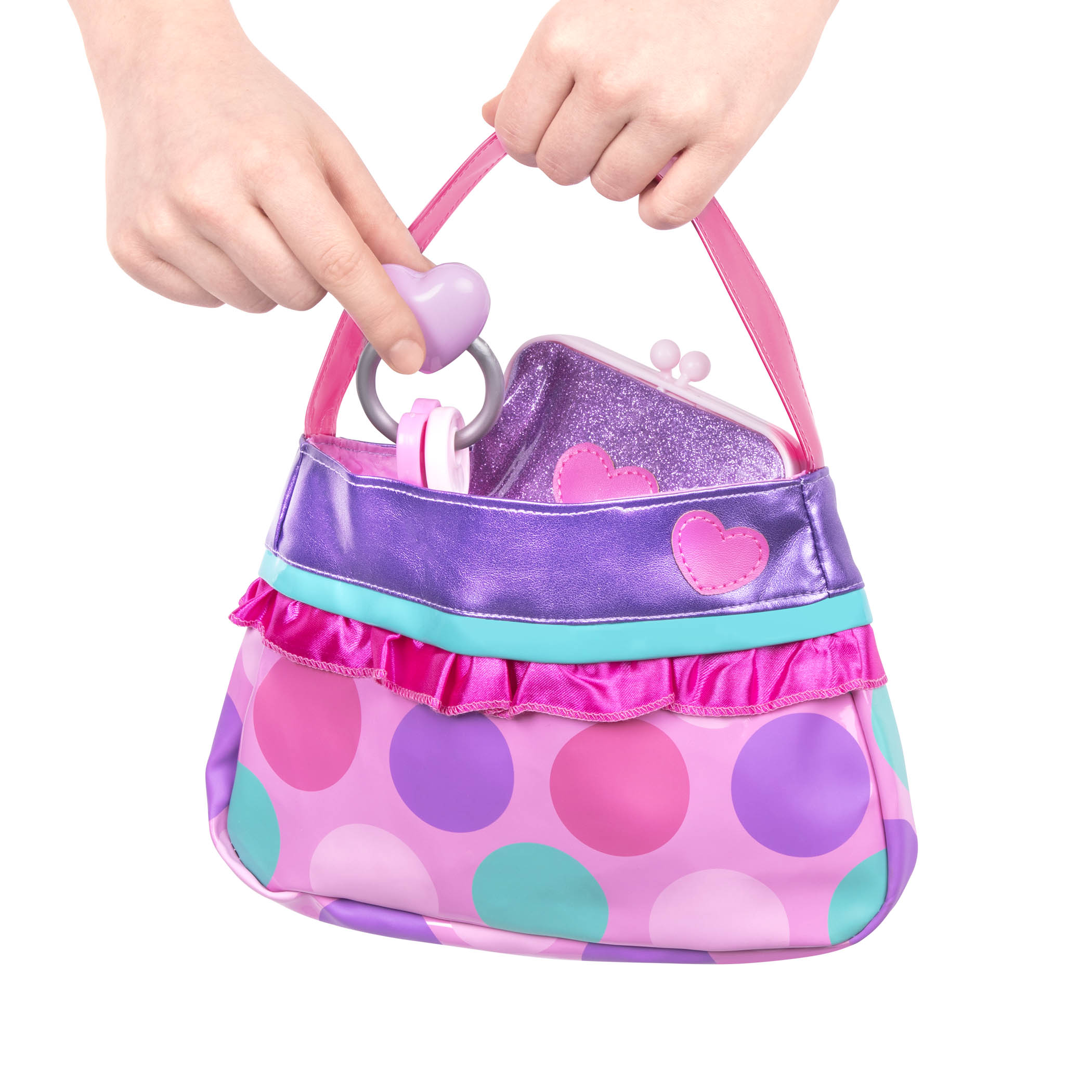 A pink and purple purse set for toddlers and kids, it comes with accessories like a compact mirror, pretend lipstick, coin purse, and more.
