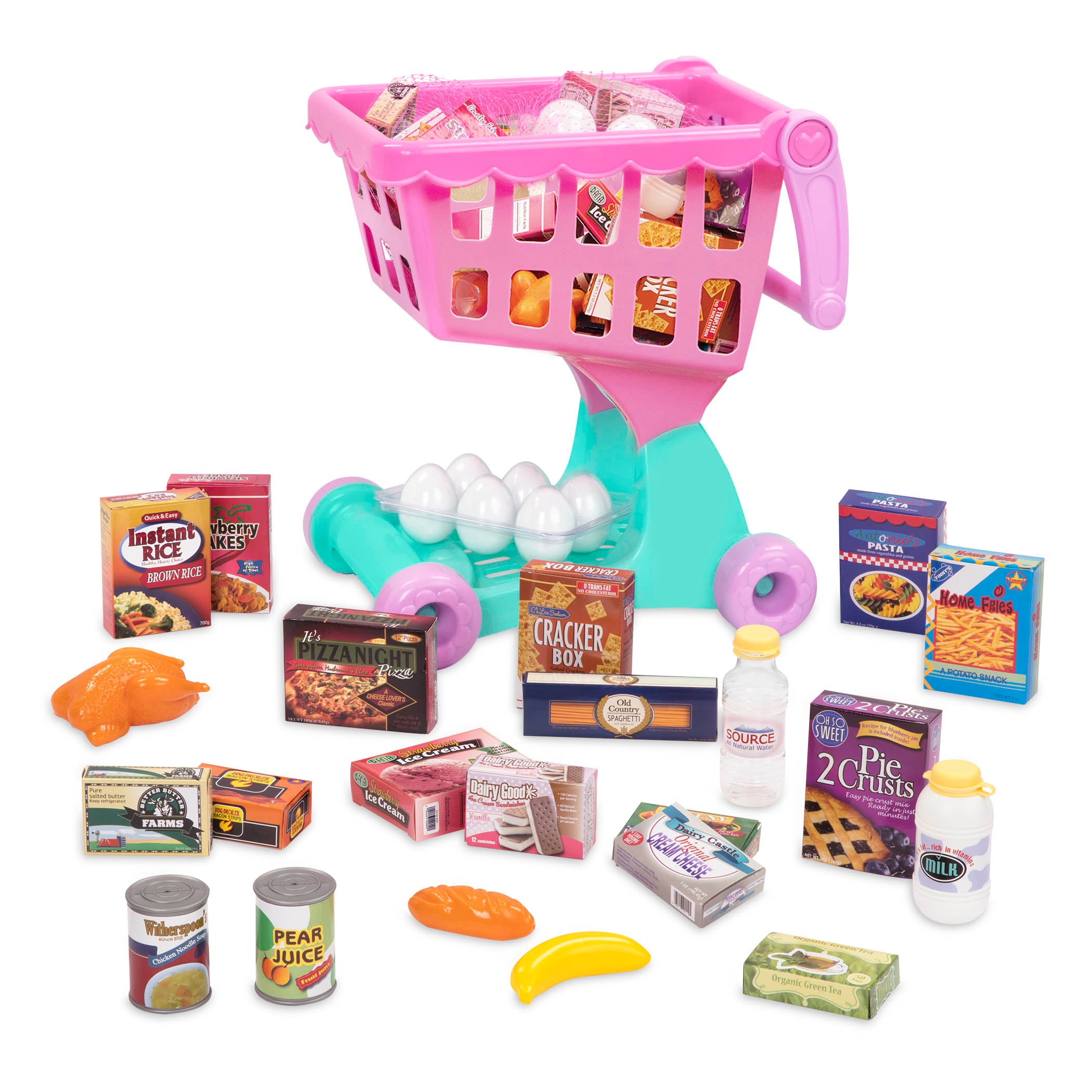 A pink and green toy shopping cart full of groceries.