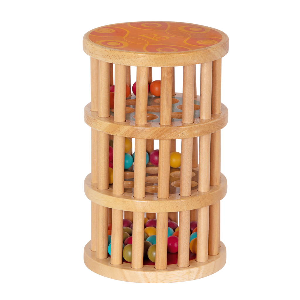 Rolling tower filled with colorful wooden marbles
