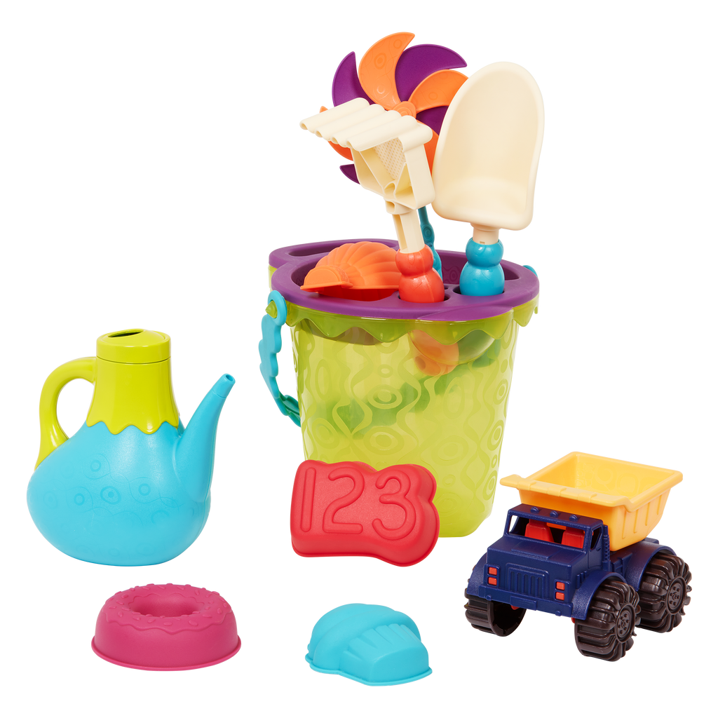 Beach toys with lime bucket.