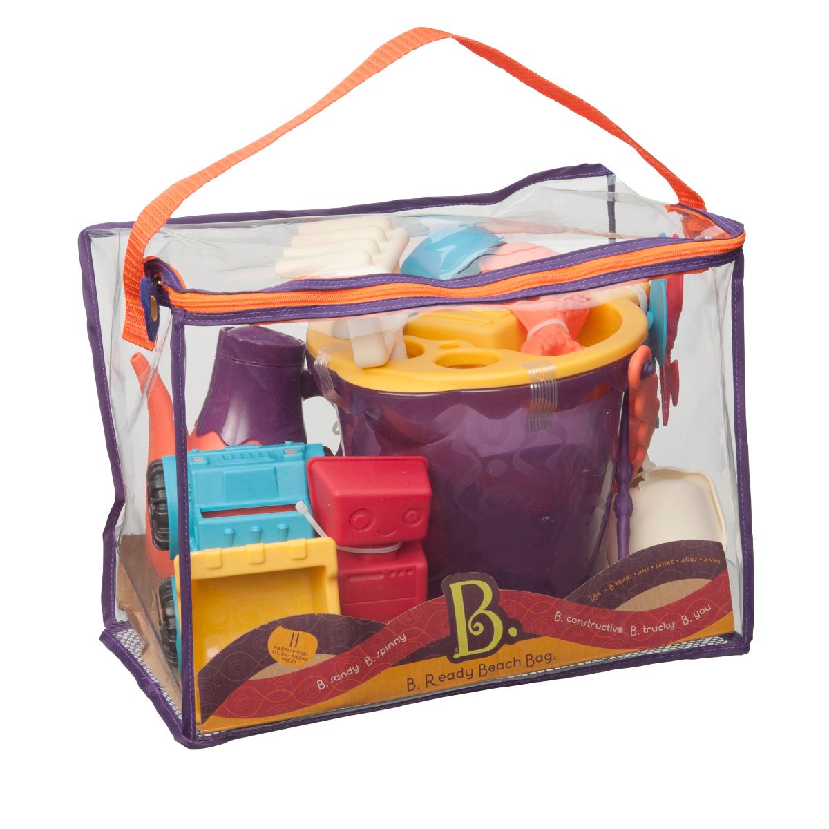 Beach toys with purple bucket.