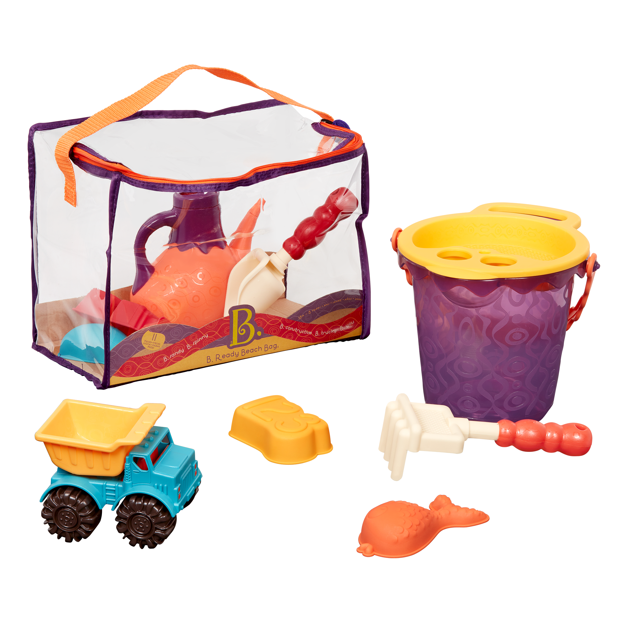 Beach toys with purple bucket.