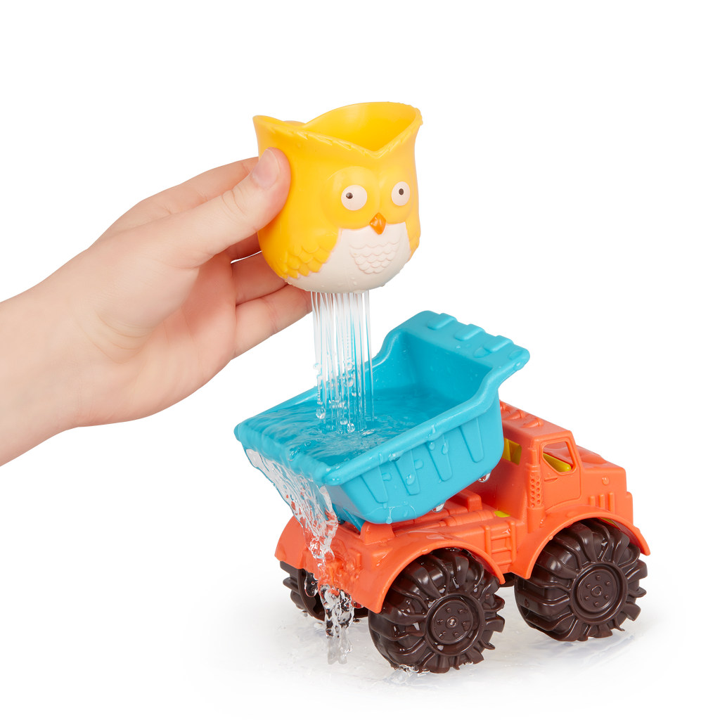 Water wheel toy with owl and truck.