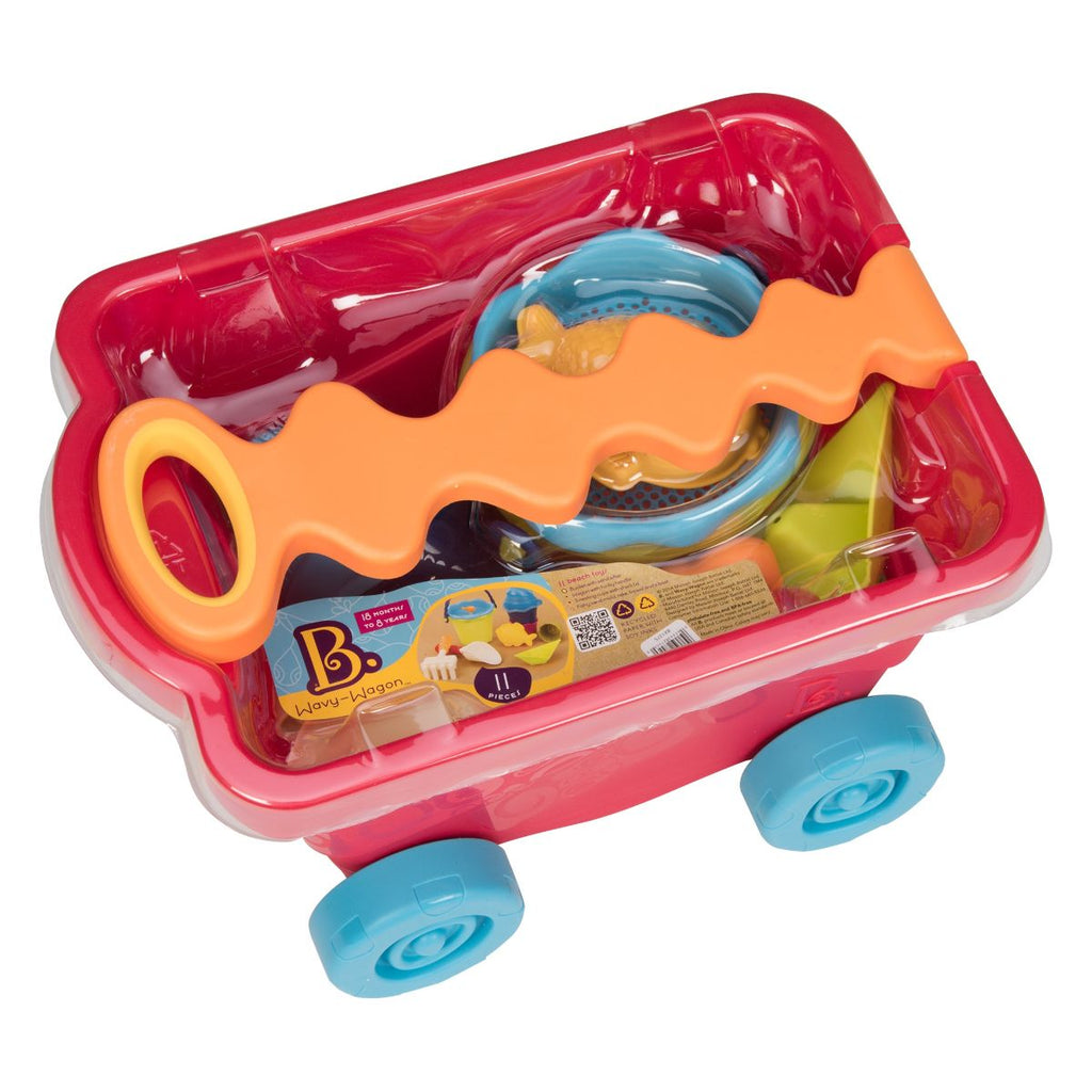 Red wagon and beach toys.