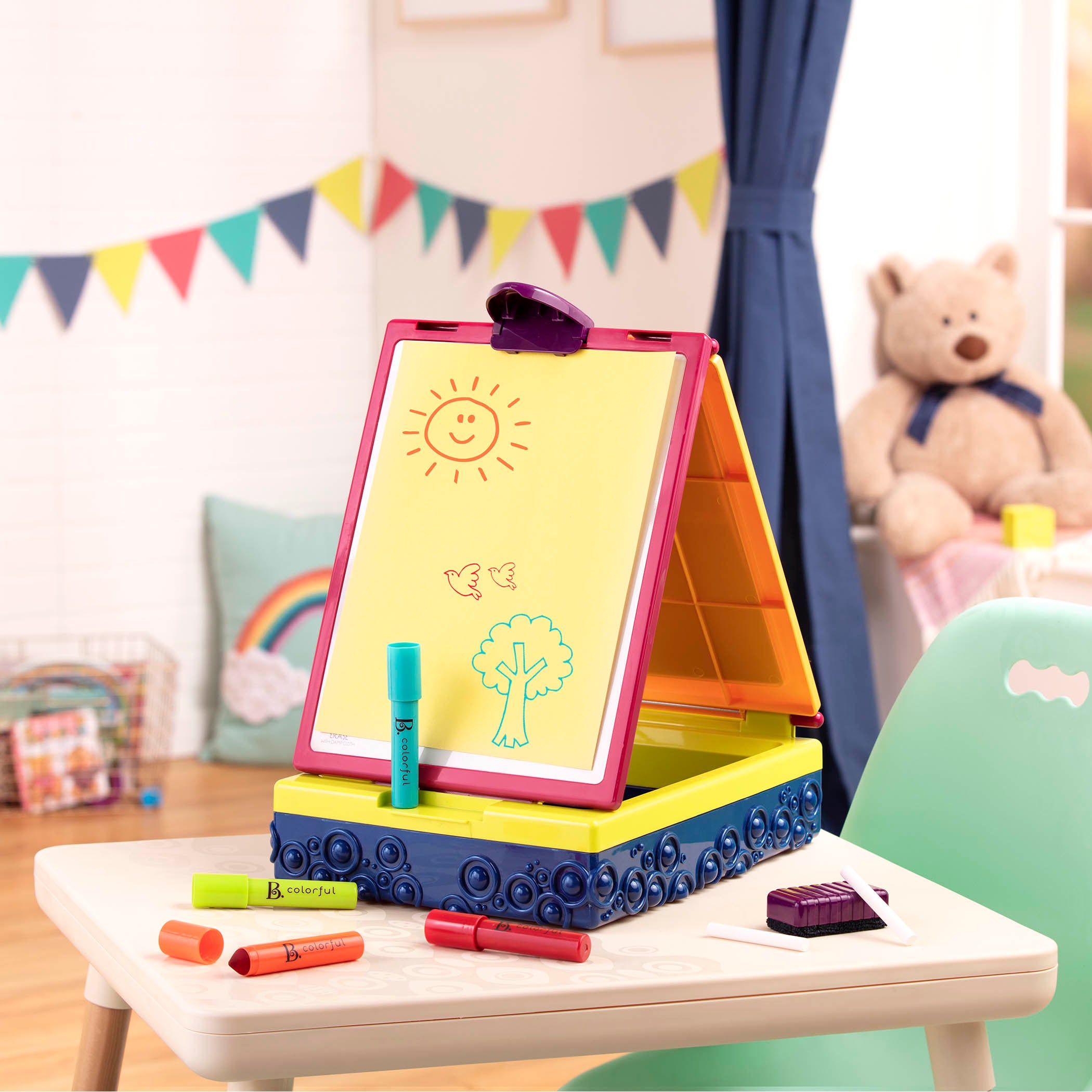 Tabletop easel with markers and chalk