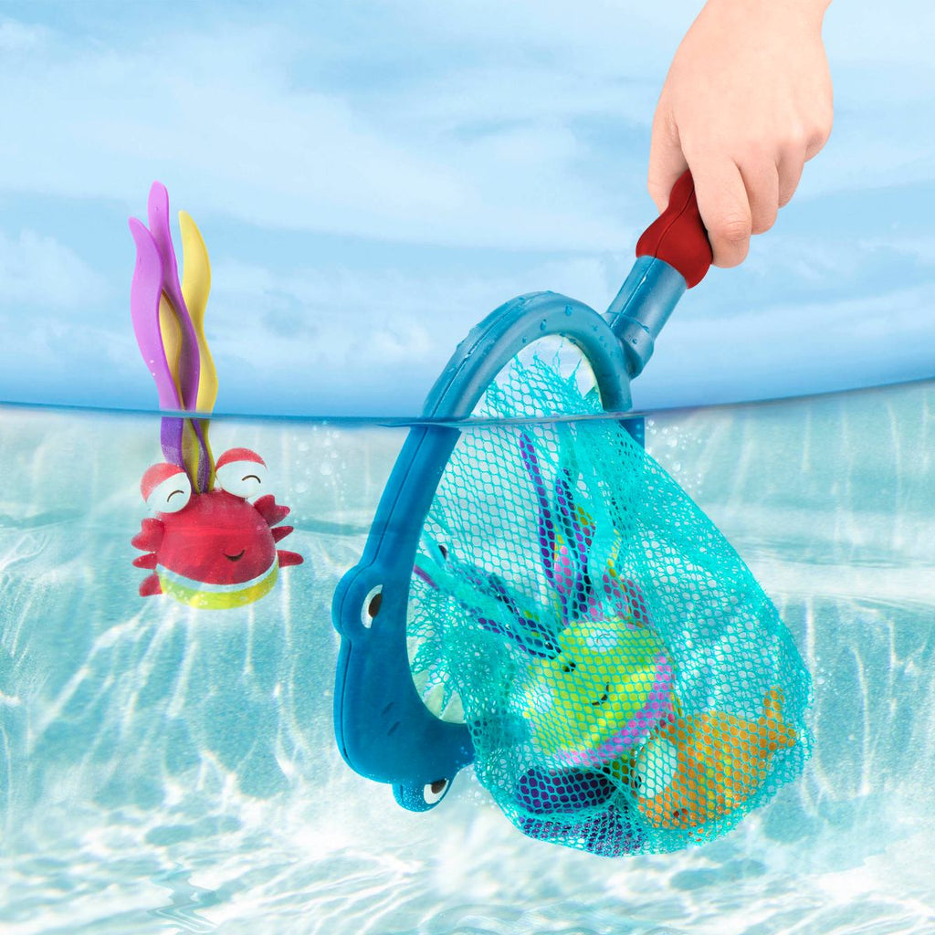 Pool playset with shark design net.