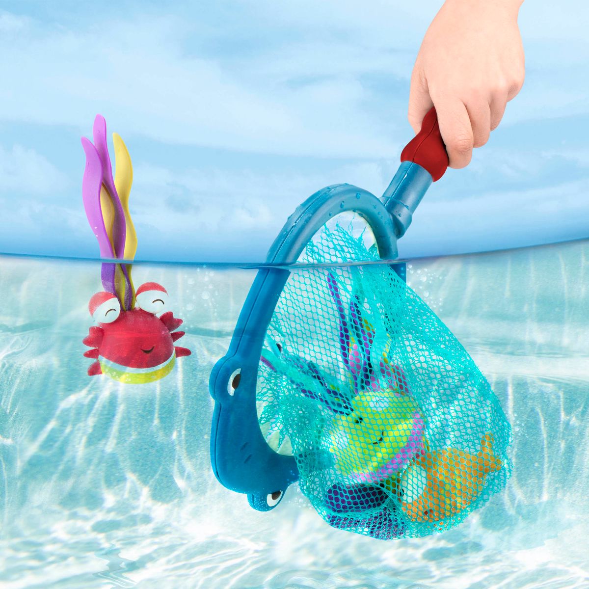 Pool playset with shark design net.