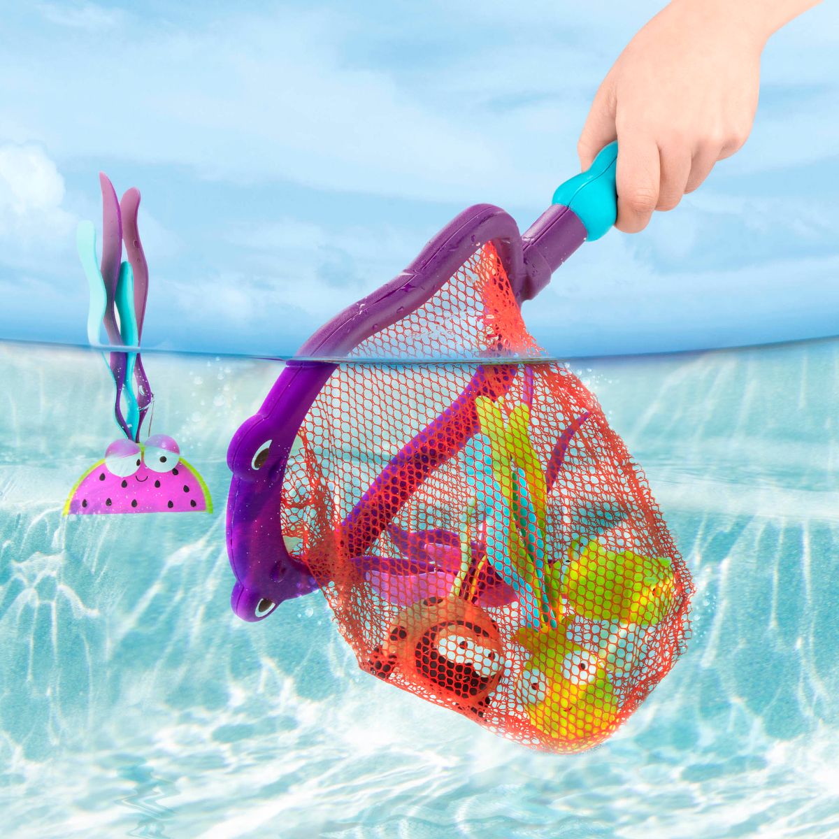 Pool playset with hippo design net.