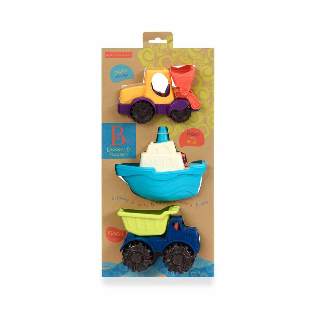 Mini toy trucks and boat.