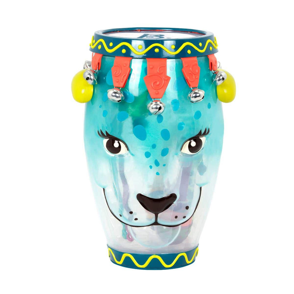 Jungle-themed musical instruments and leopard drum.