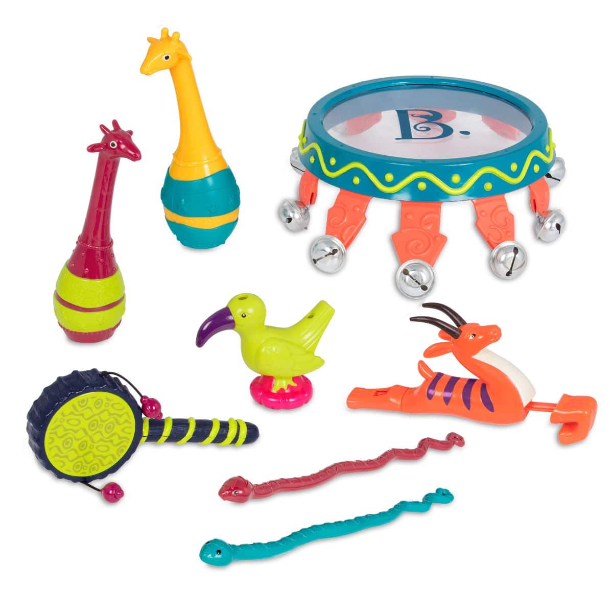 Jungle-themed musical instruments and leopard drum.